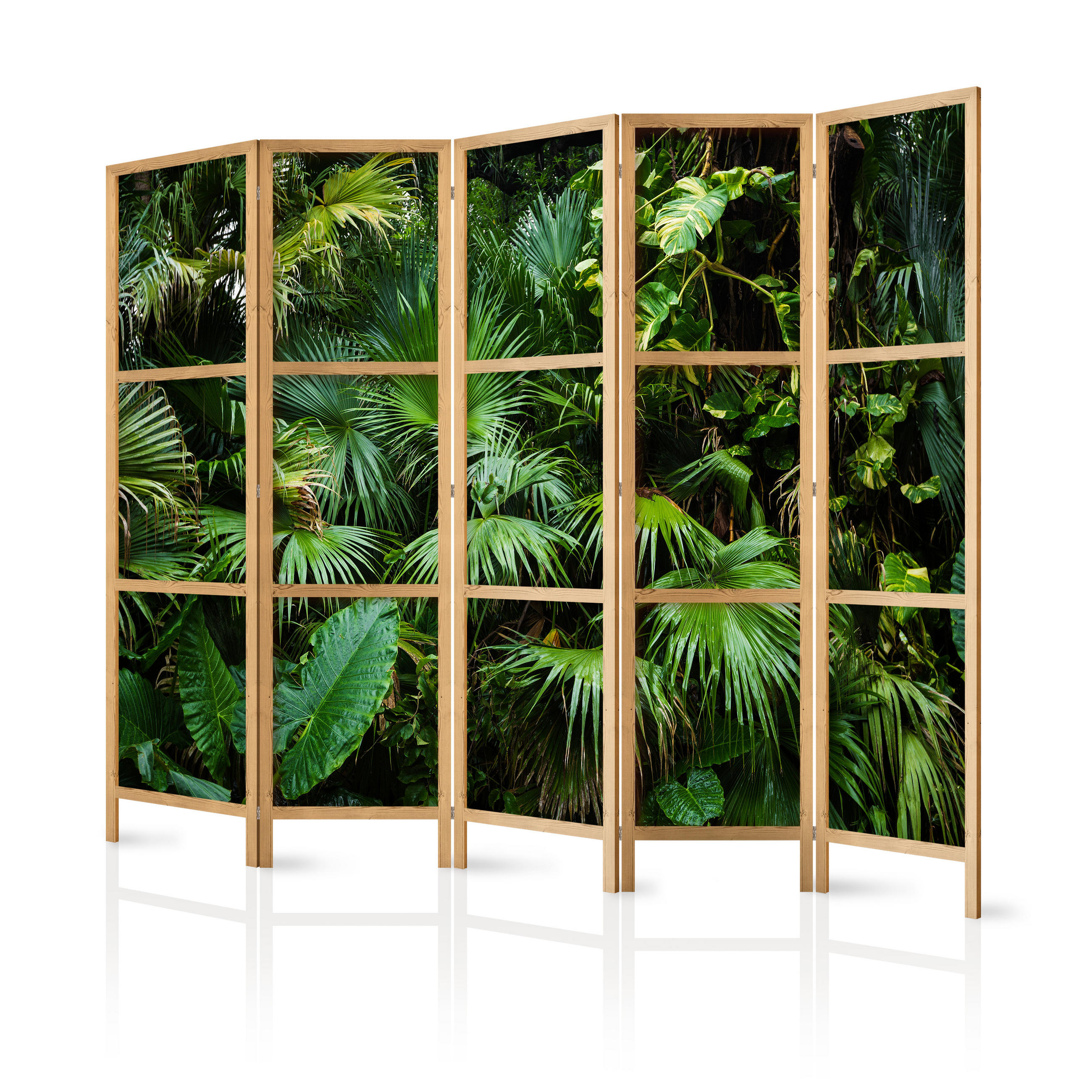 PARAVENT Japanischer 5-tlg 225x172 cm Tropische Pflanzen - Grün, Holz/Textil (225/172/3cm) - Muralo