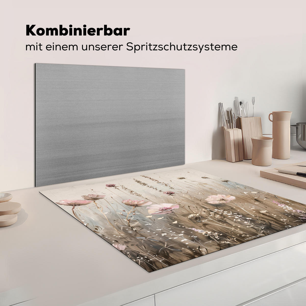 KRYT NA INDUKČNÍ DESKU Květiny - Béžová - Suché květiny 78x78 cm - béžová, plast (78/78/0.2cm) - MuchoWow