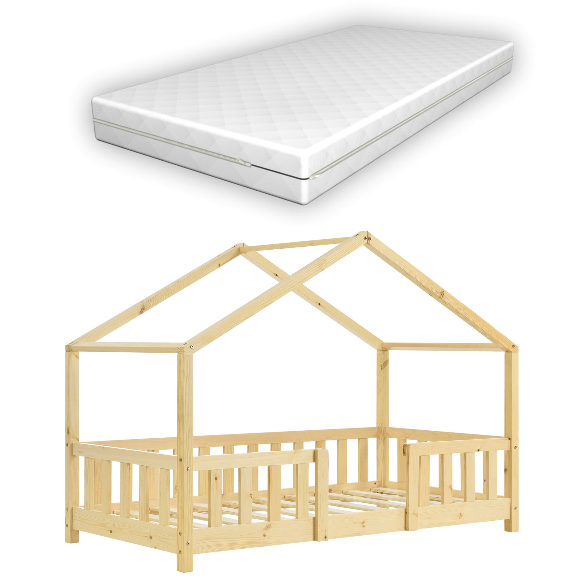 HAUSBETT Treviolo mit Matratze - Naturfarben, Holz/Textil (70/140cm) - [en.casa]