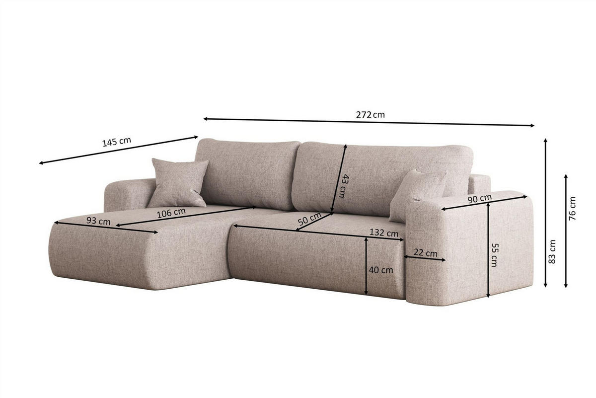 ECKSOFA Flora In Poso - Schwarz, Holzwerkstoff/Textil (272/145cm) - Fun Möbel