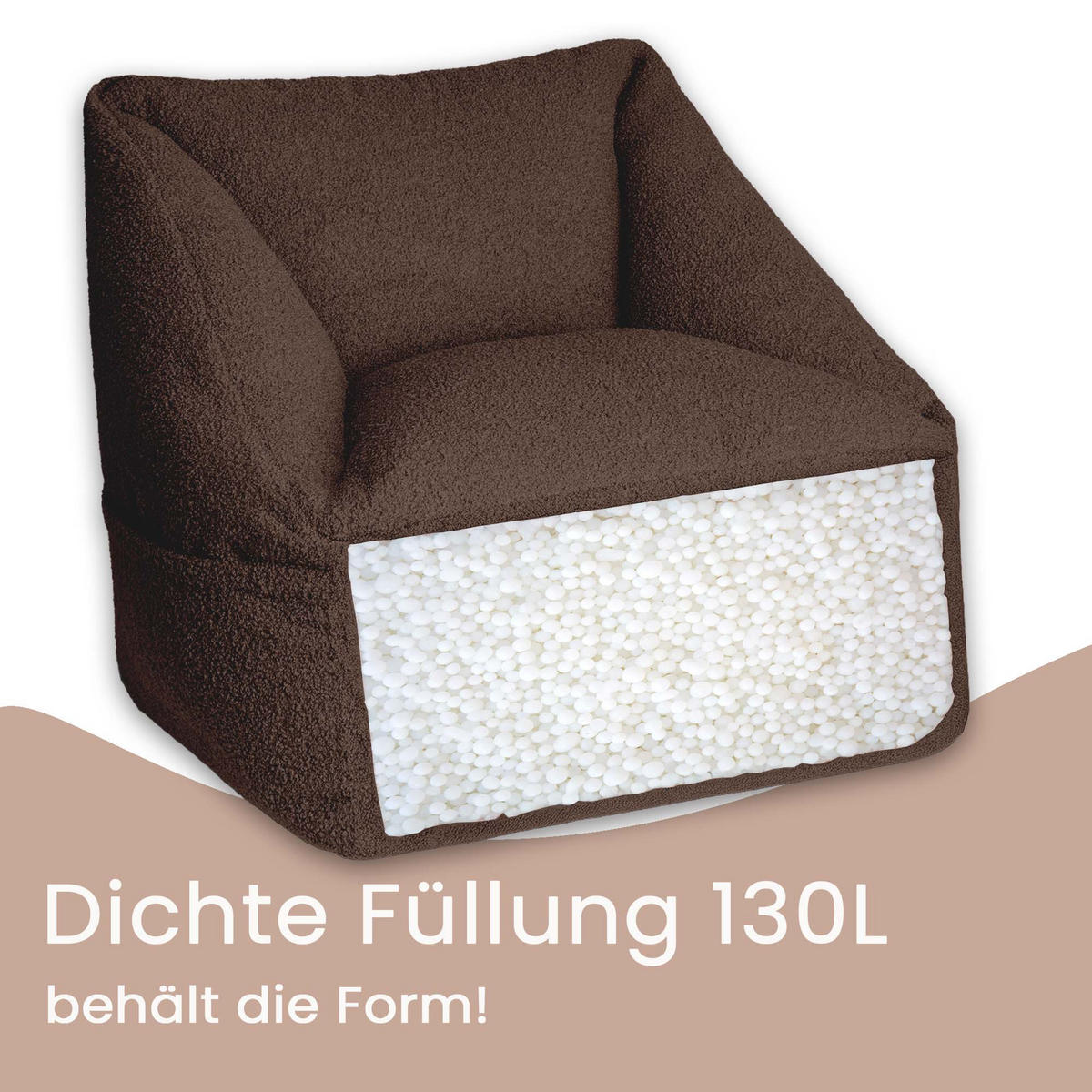 SITZSACK-SESSEL Bambino 55/60/55 cm, weicher Bouclé 315 g/m², mit Griff & Seitentasche, Dunkelbraun - Dunkelbraun, Textil (55/55/60cm) - Dreamroots