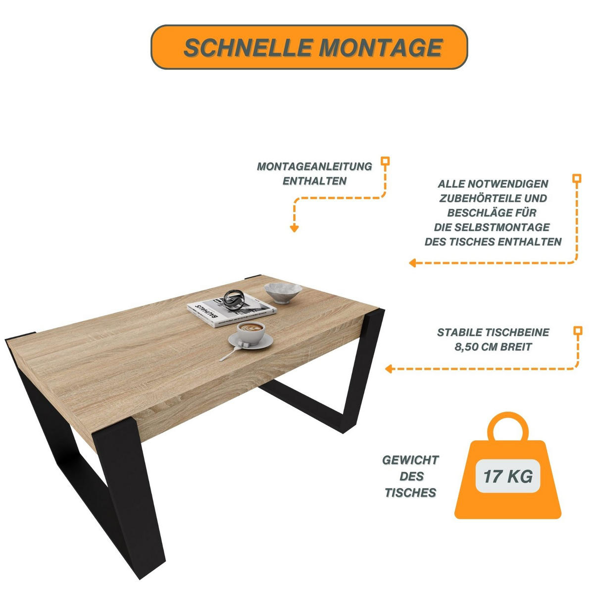 COUCHTISCH Karo II 92/44/54 - Schwarz/Sonoma Eiche, Holzwerkstoff (54/92/44cm) - RAUMHIRSCH FURNITURE