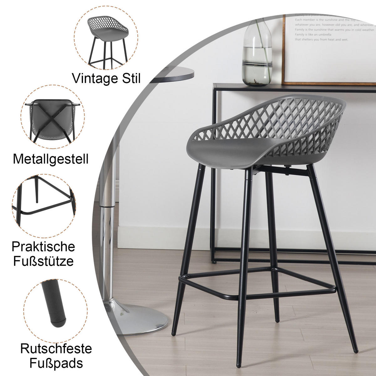 BARHOCKER 2er Set aus PP-Kunststoff, Grau - Schwarz/Grau, Kunststoff/Metall (44/84.5/47cm) - Woltu
