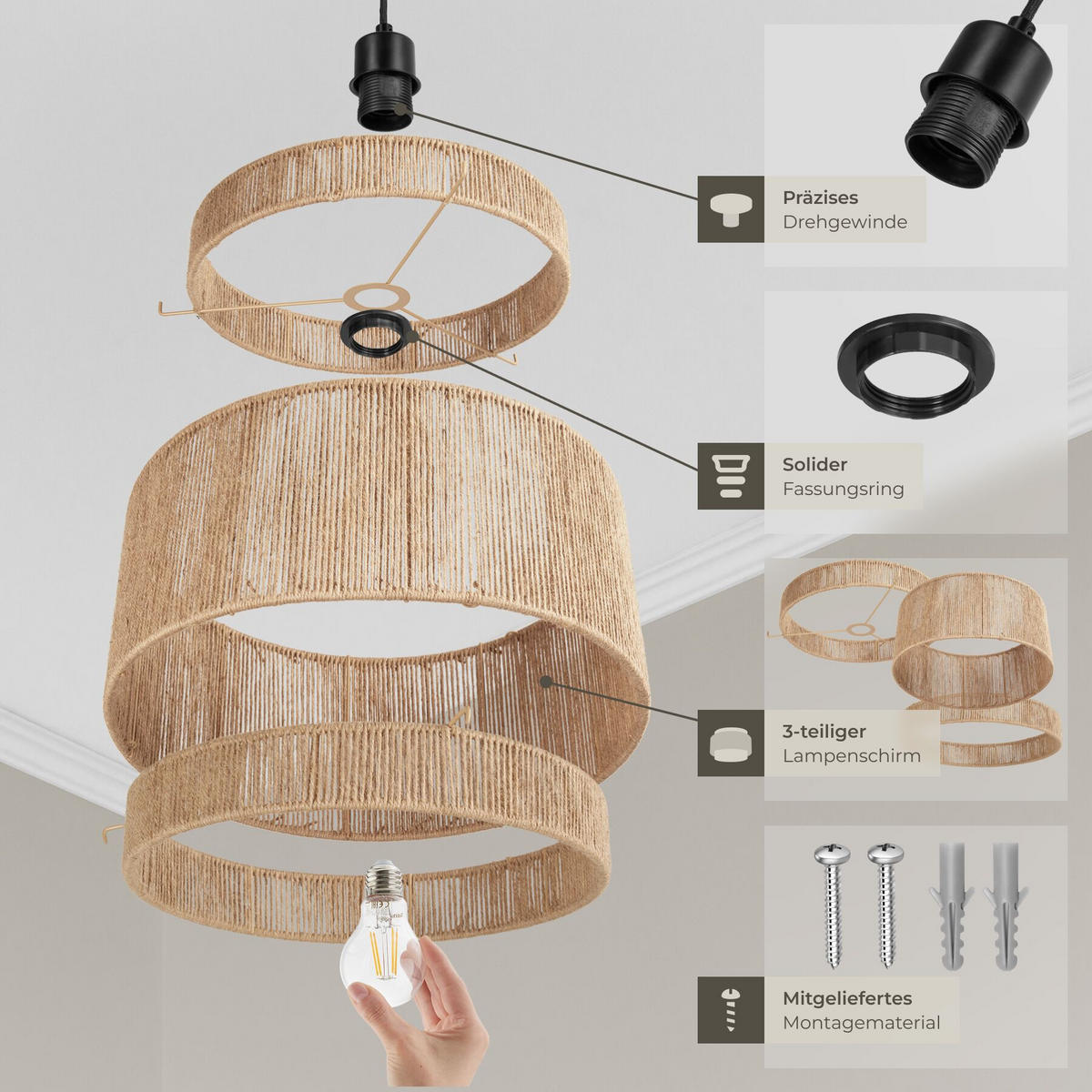 HÄNGELEUCHTE Lignea Lux aus Jute, 46 x 32 cm, natur - Naturfarben, Metall (46/46/32cm) - tectake