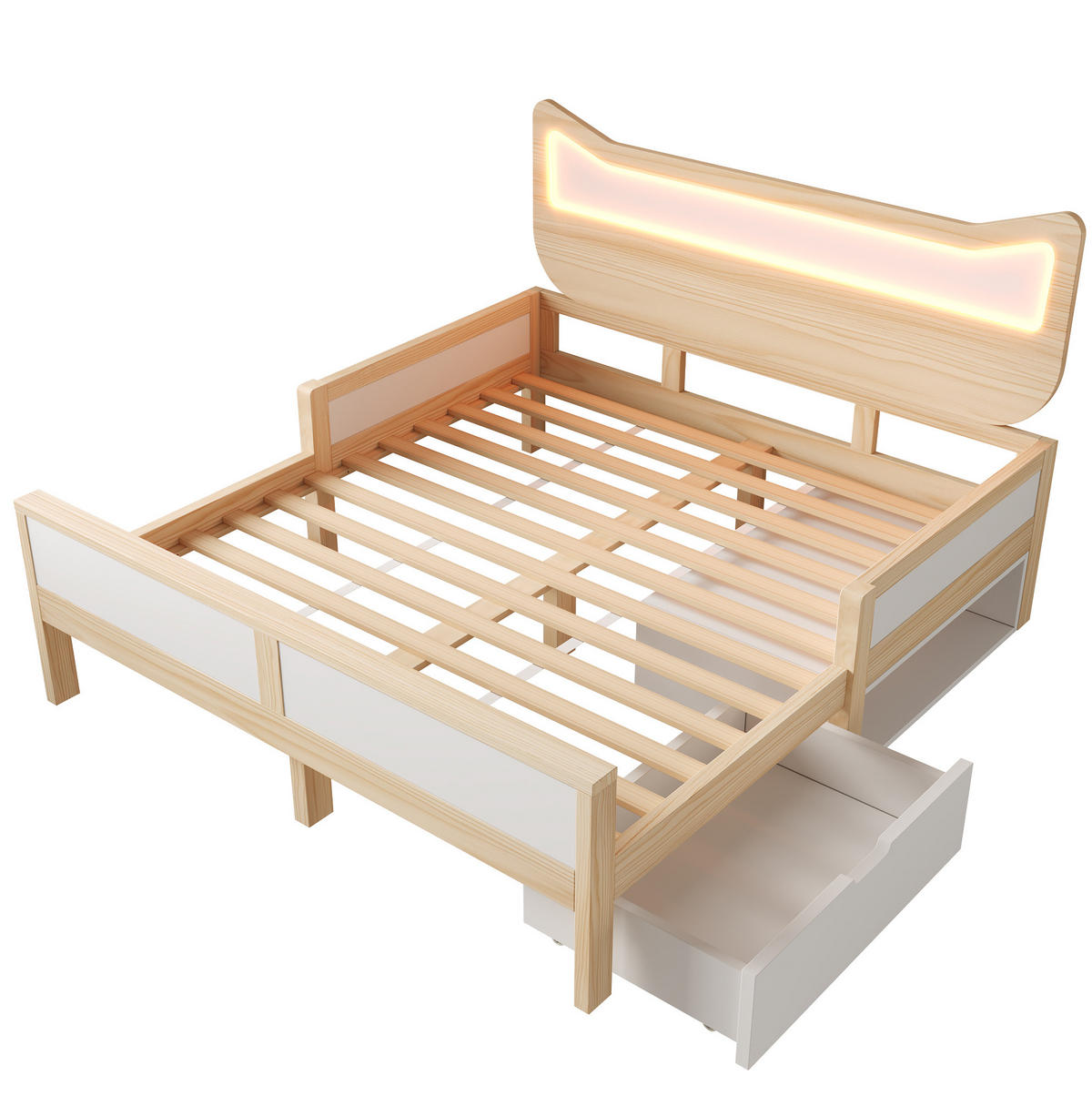 KINDERBETT 140/200 cm mit RGB-LED, Katzenkopfteil, Schublade, Staufach und Schutzgitter, Weiß/Eiche - Weiß, Holzwerkstoff (140/200cm) - Redom
