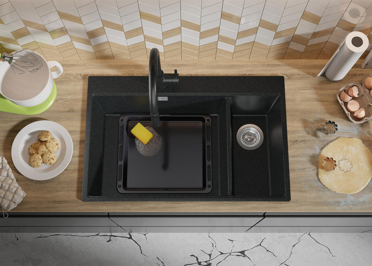 SPÜLBECKEN Oslo Duo, 2-er set Anthrazit 78/50 cm 2 Becken + Ablauf-Set + Schneidebrett ab 80er Unterschrank - Chromfarben/Anthrazit, Kunststoff (78/20/50cm) - Primagran