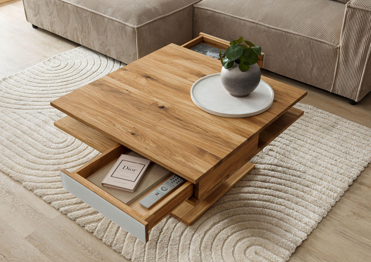 COUCHTISCH Wildeiche 85x85x45 natur geölt / Glas weiß WIEN #100 - Braun, Holzwerkstoff (85/85/45cm) - Massivmoebel24