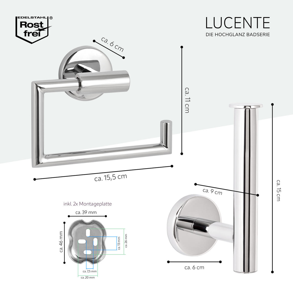 TOILETTENPAPIERHALTER LUCENTE (2er Set), Edelstahl - Chromfarben, Metall (15.5/11/6cm) - bremermann