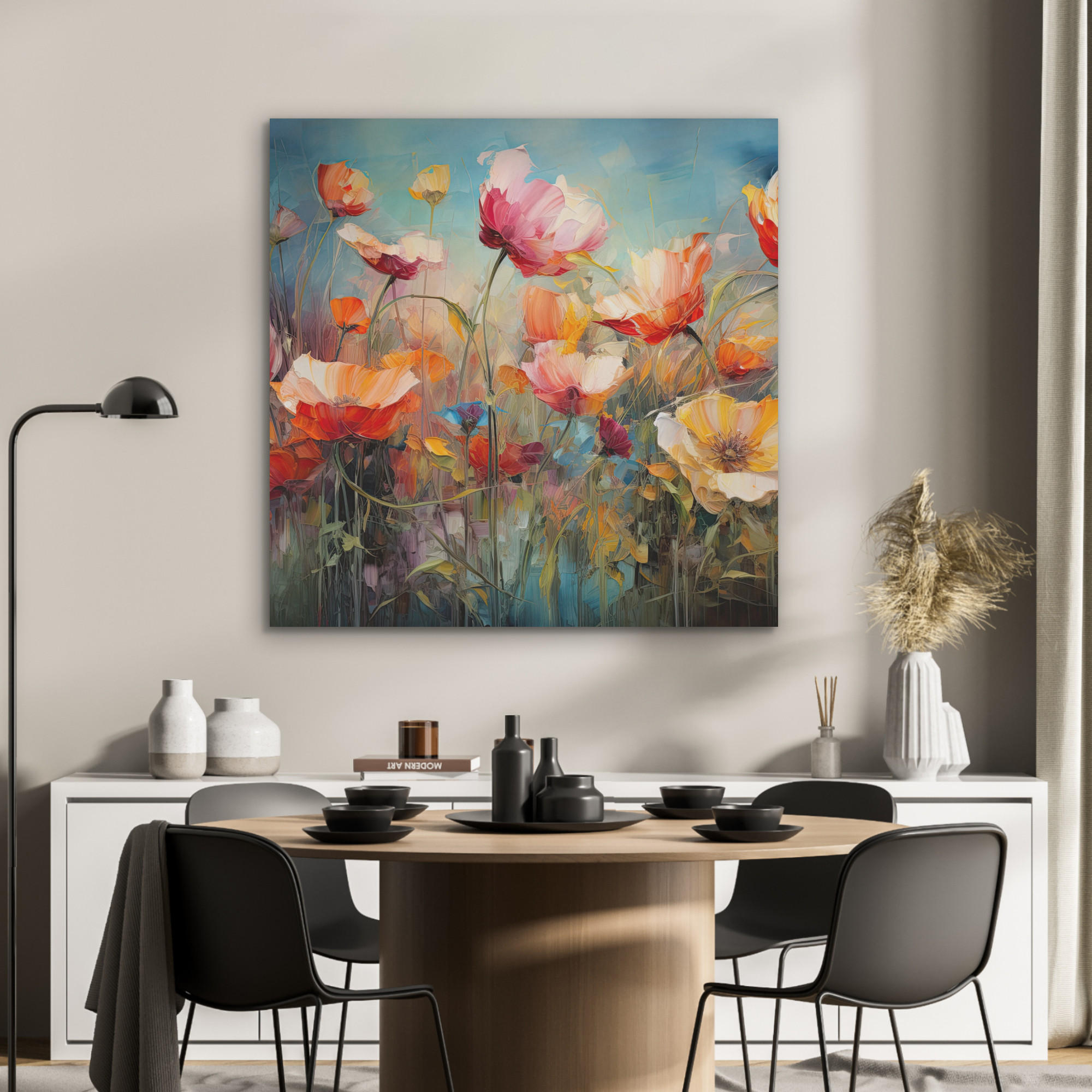 AKUSTIKPANEEL Blumen - Aquarell - Kunst - Botanisch - Natur 90x90 cm - Orange, Textil (90/0.9/90cm) - MuchoWow
