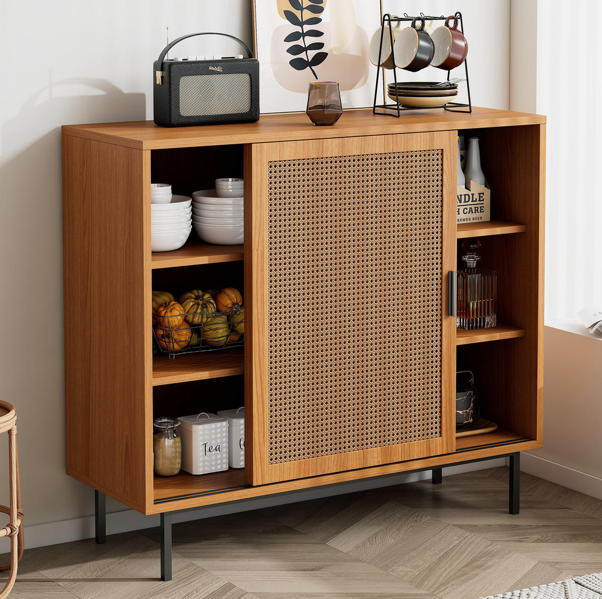 SIDEBOARD 100/37/90 cm mit 2 Schiebetüren in Walnuss & Rattan-Optik - Walnussfarben, Holzwerkstoff (100/90/37cm) - BEAOK
