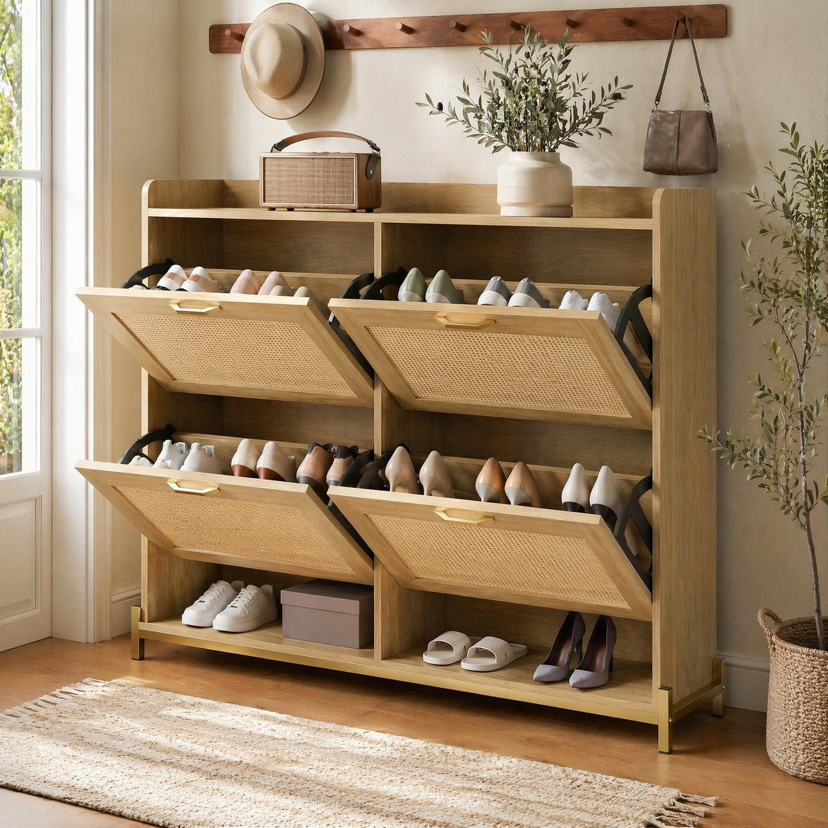 SCHUHSCHRANK in Eichenfarben Schuhkipper mit 4 Rattantüren für Eingangsbereich und Flur, B108.5/T24/H100 cm - Eichefarben/Goldfarben, Holzwerkstoff/Metall (108.5/100/24cm) - STILVORA