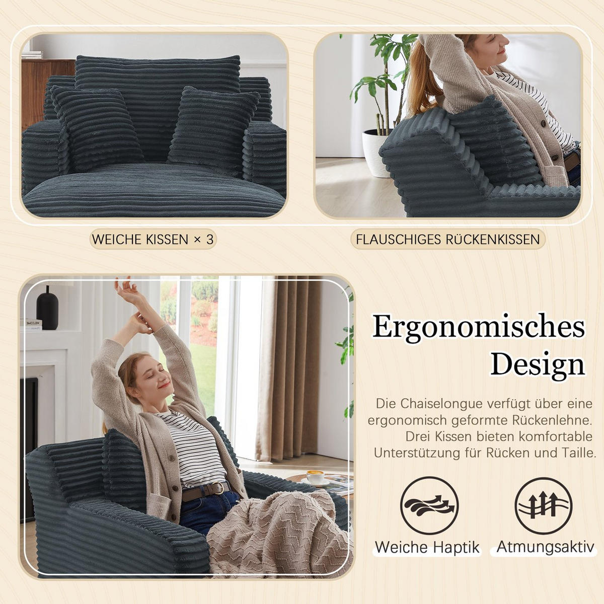 SOFA Cord Dunkelgrau - Dunkelgrau, Textil (100/82/166cm) - WISHDOR