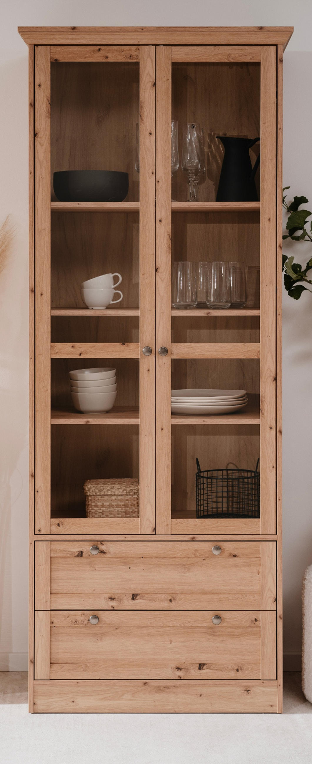 VITRINE Eiche Artisan 80 cm Landhaus, Vitrinenschrank mit viel Stauraum - Eichefarben/Silberfarben, Holzwerkstoff/Metall (80/200/39cm) - Furn.Design