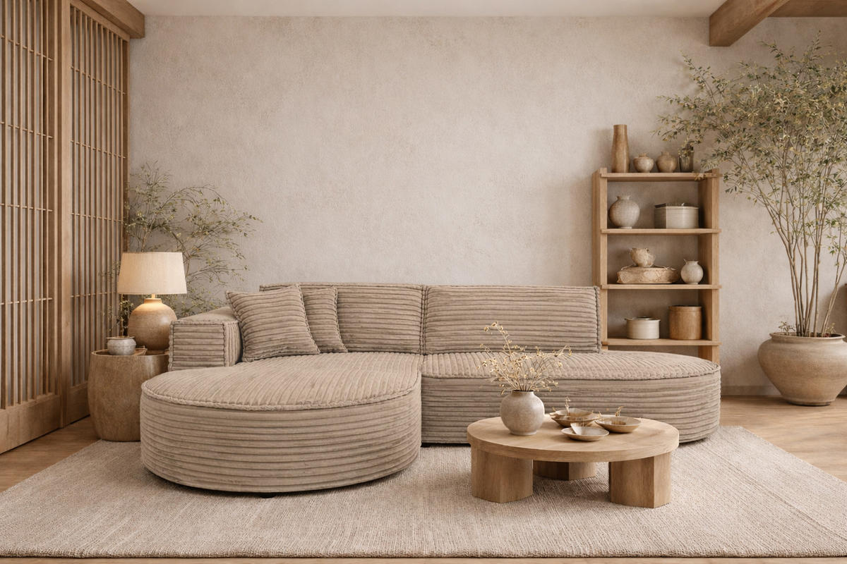 ECKSOFA L-Form, Cordstoff Velo, Beige, Links, Modena Studio - Beige, Holz (236/165cm) - Kaiser Möbel