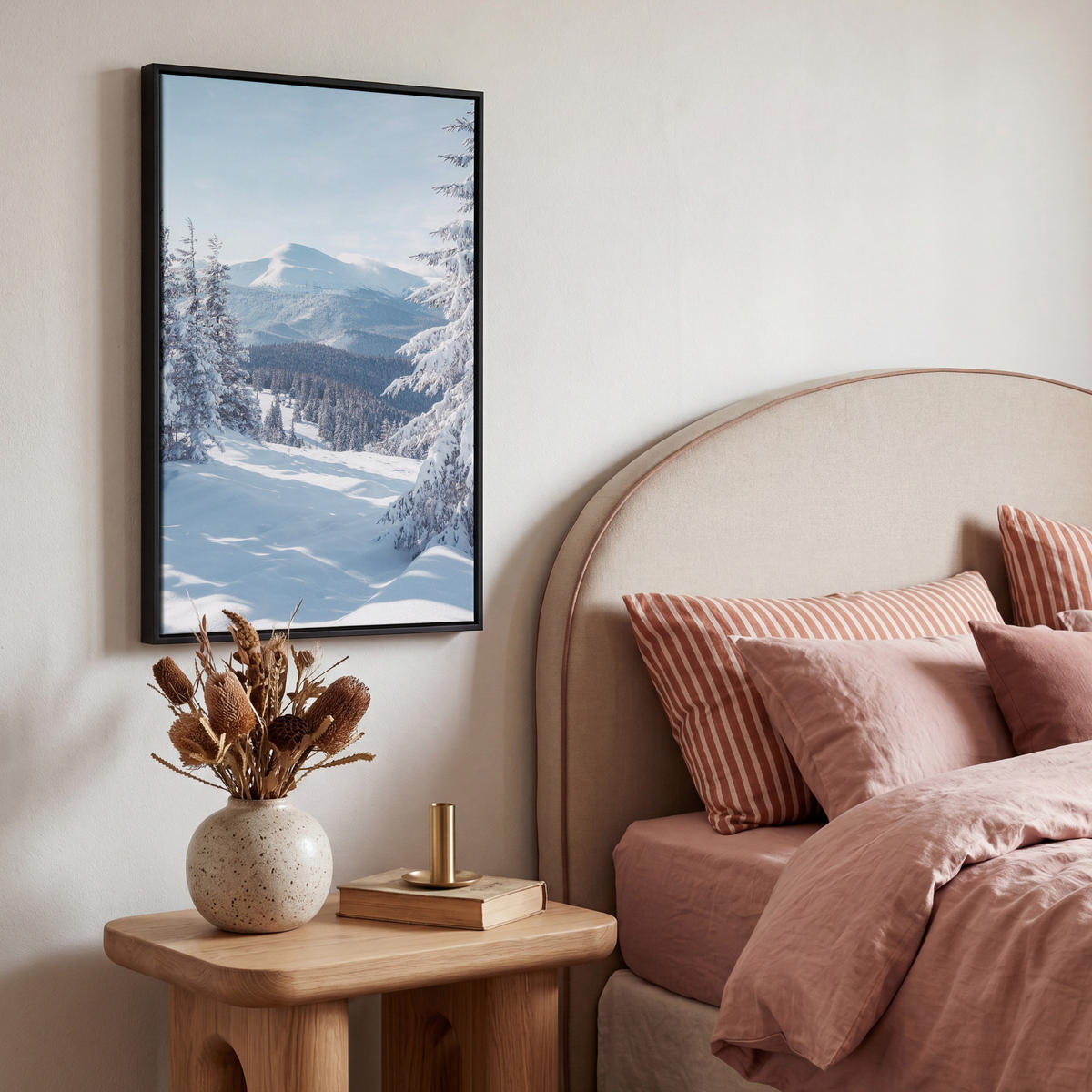 LEINWAND Bilder mit Rahmen - Winterlandschaft - Natur - Berge - Bäume - Schnee - 40x60 - Hellblau, Textil (40/60cm) - MuchoWow