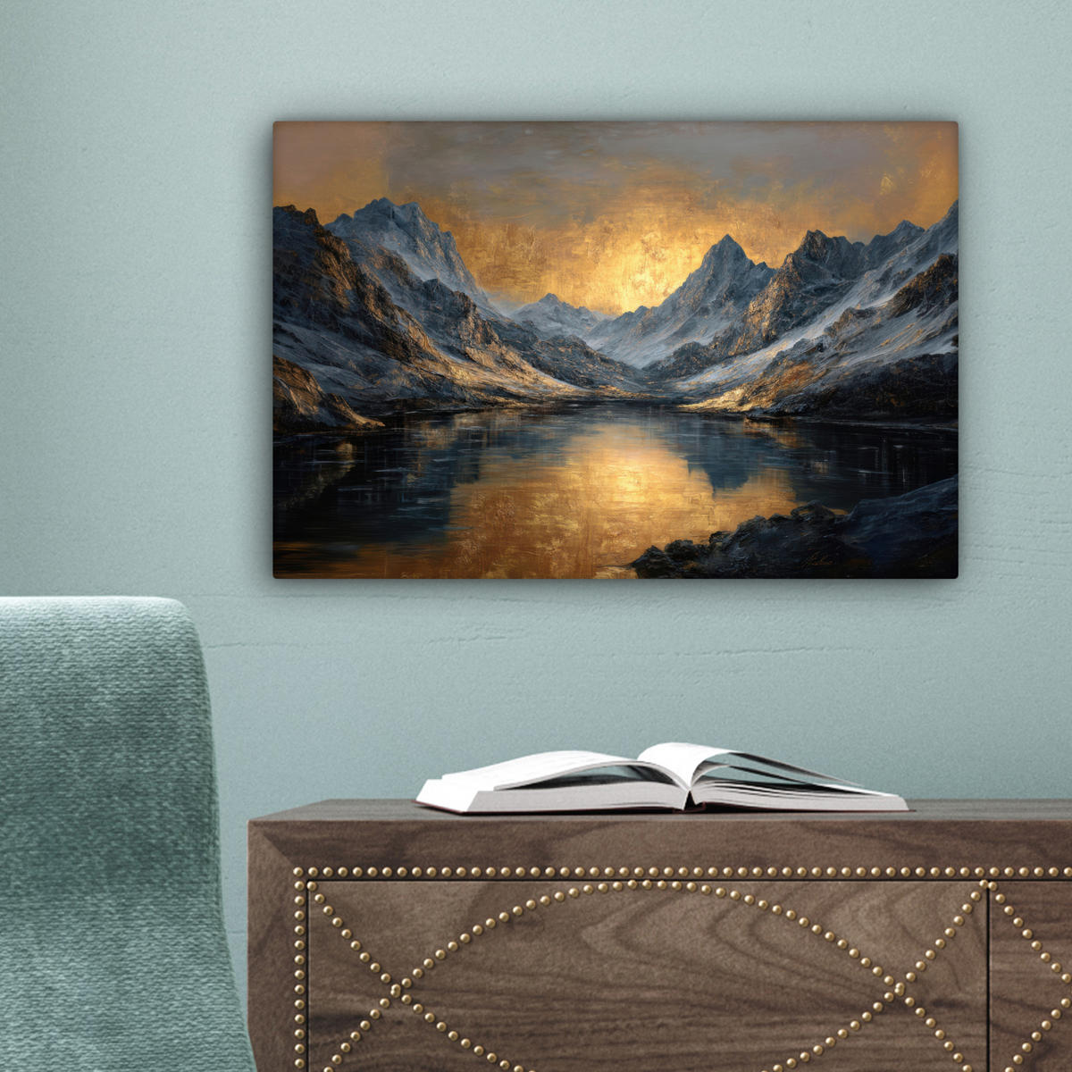 LEINWANDBILD Bergkulisse mit goldenem Sonnenuntergang Deko Schlafzimmer 30x20 cm - Goldfarben, Textil (30/20cm) - MuchoWow