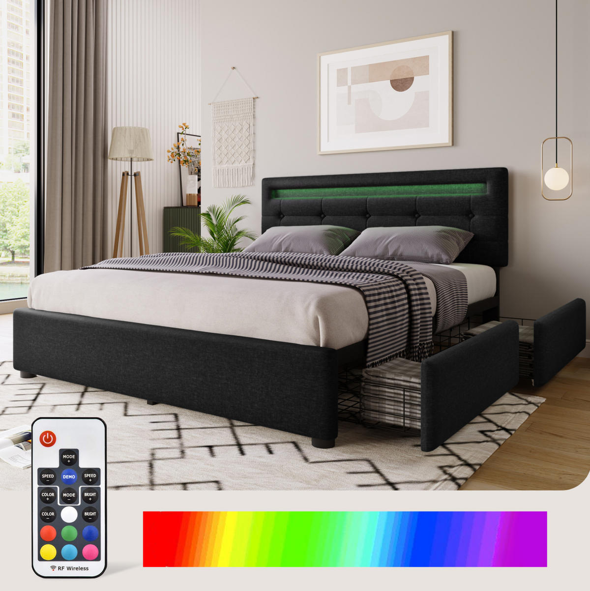 ČALOUNĚNÁ postel 140/200 cm černá z lnu s LED osvětlením, matrací a 4 zásuvkami - černá, textil (140/200cm) - OKWISH