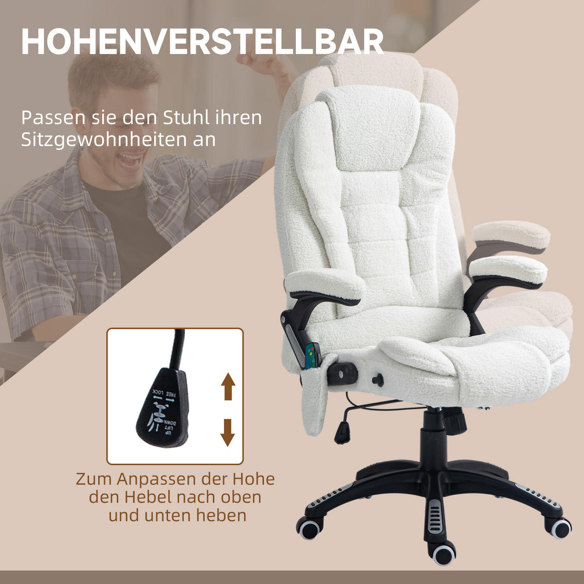 MASSAGE-BÜROSTUHL mit Wippfunktion, Schreibtischstuhl mit Heizfunktion, Weiß - Schwarz/Weiß, Kunststoff/Textil (74/116/67cm) - Vinsetto