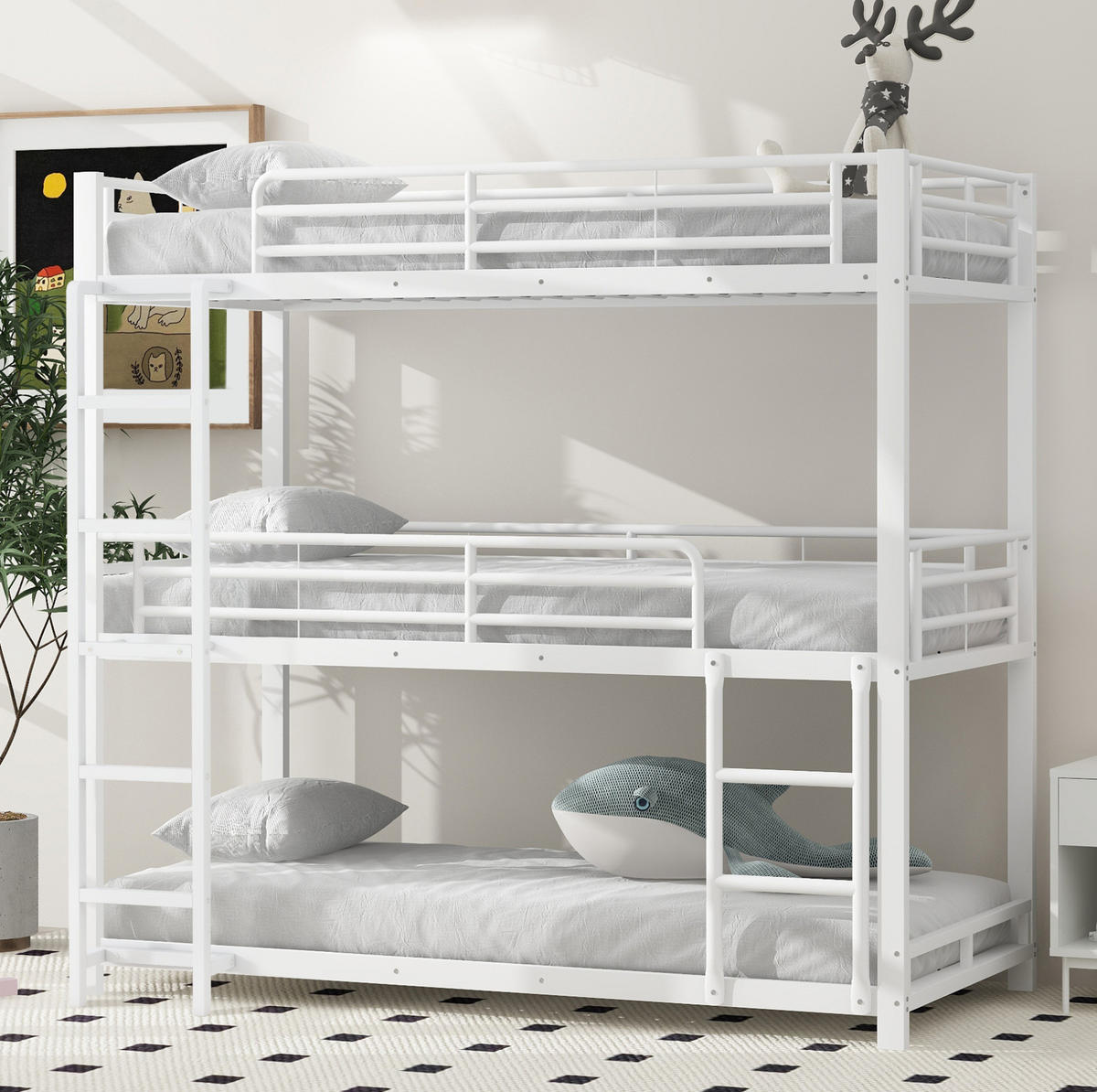 ETAGENBETT 90/200 cm aus Metall in Weiß, Dreifach-Design mit Leiter - Weiß, Metall (90/200cm) - Flora Grace