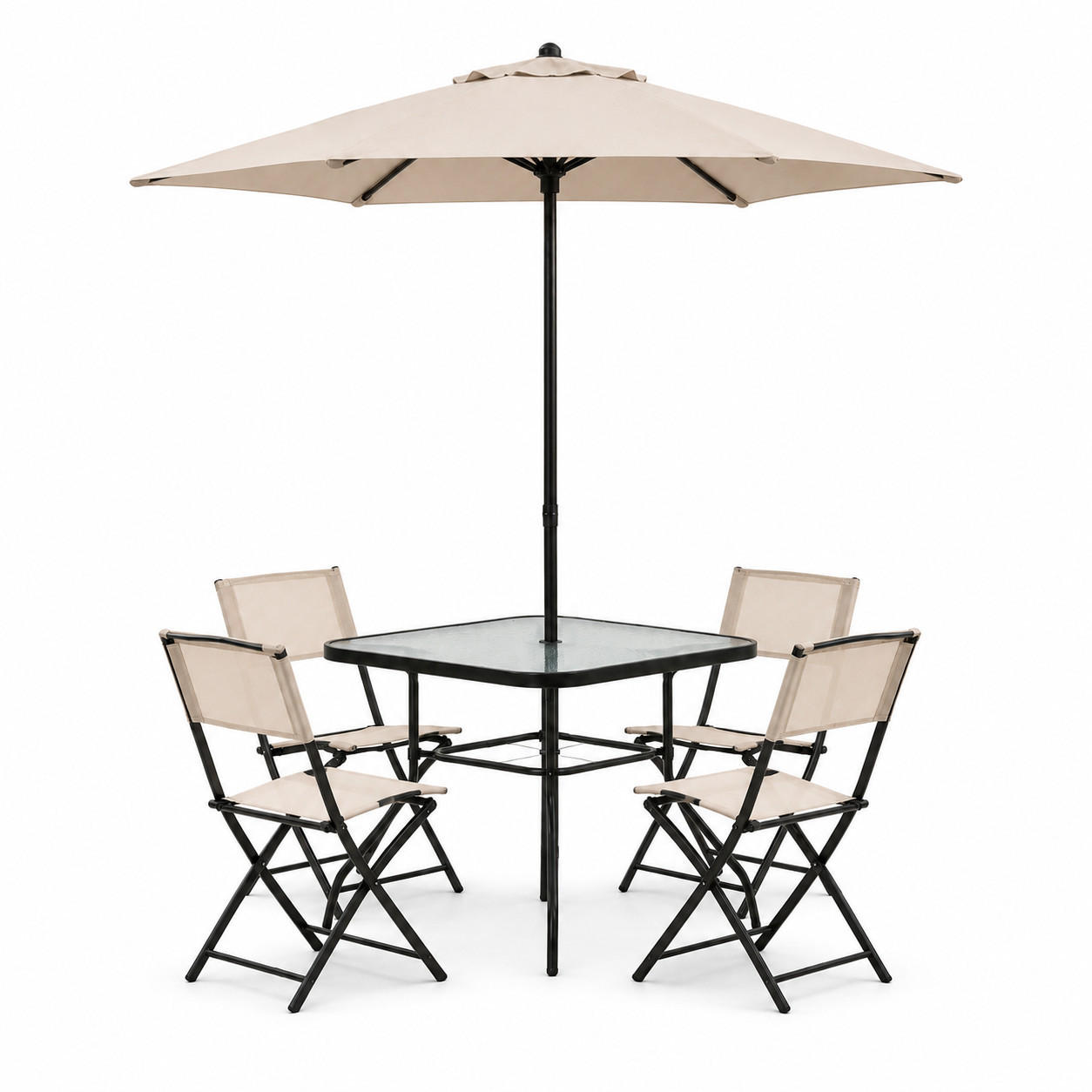 GARTENMÖBEL-SET mit 1 Esstisch. 4 Klappstühlen und 1 Aufstellschirm. Schwarz und Beige - Beige/Schwarz, Metall - Home Collective