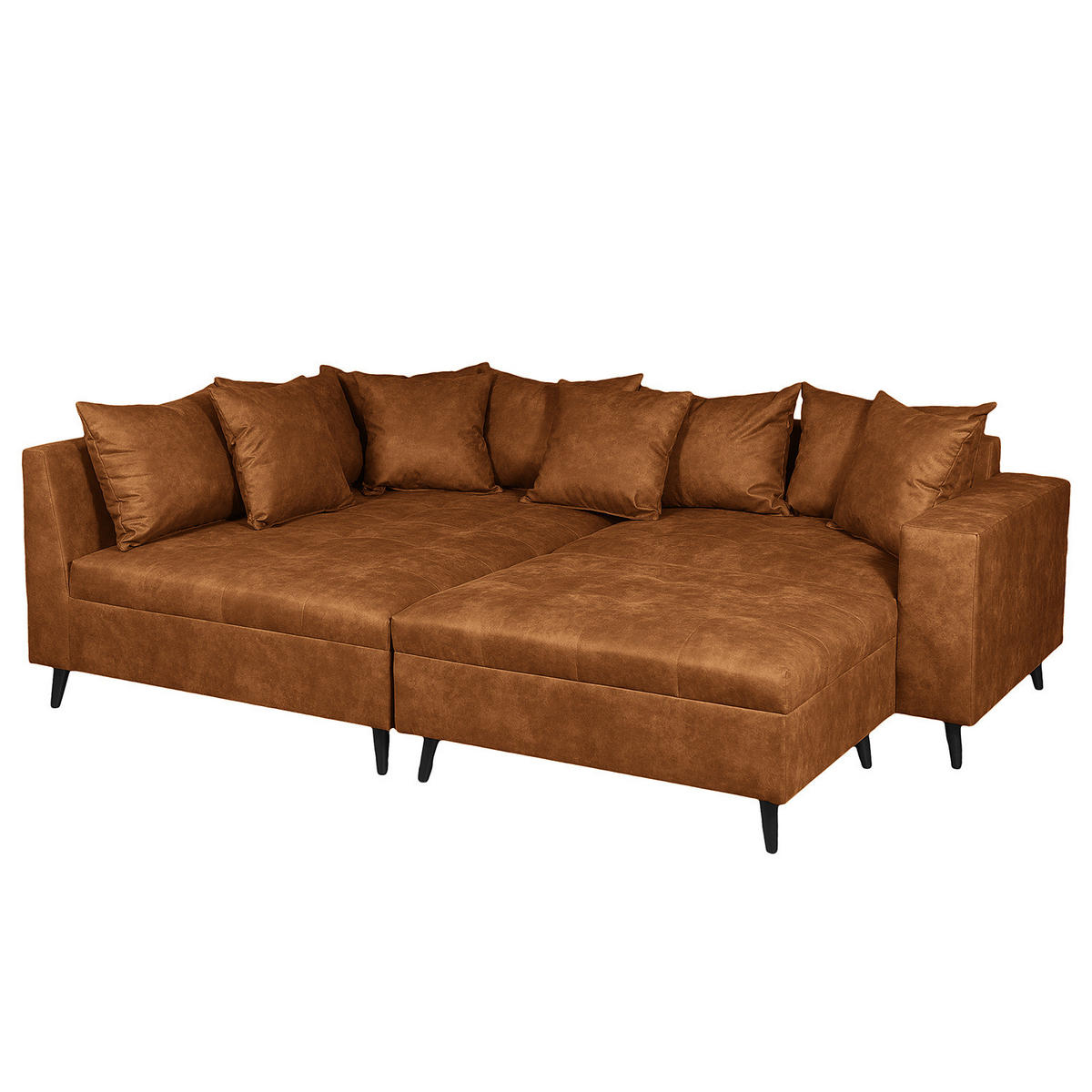 ECKSOFA mit Ottomane und Hocker - Cognac/Schwarz, Birkenholz/Textil (247/174cm) - home24
