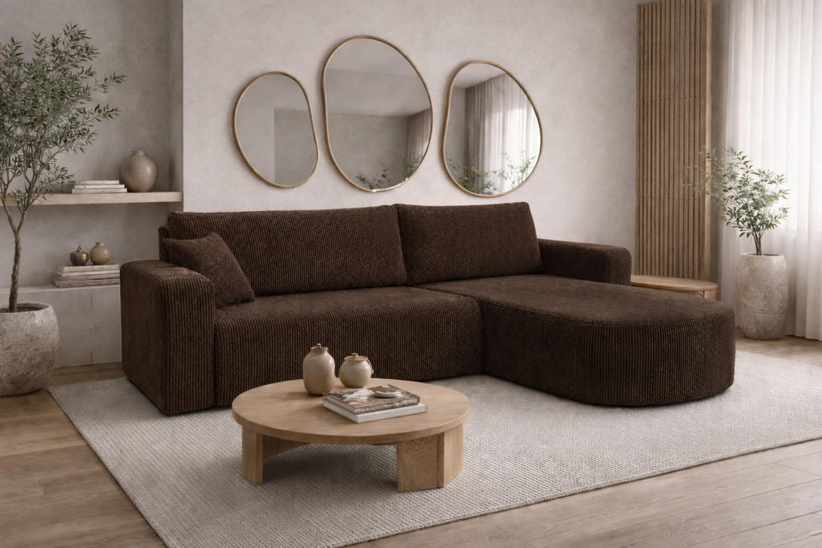 ECKSOFA Mit Schlaffunktion, Cordstoff Poso, Braun, Rechts, ROUND ONE XL - Braun, Holz (271/175cm) - Kaiser Möbel