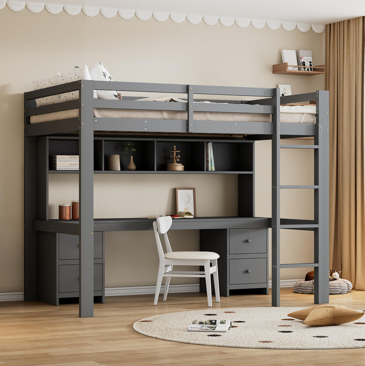 HOCHBETT 90/200 cm Grau aus Kiefernholz und MDF mit Schreibtisch und Stauraum - Grau, Holz (90/200cm) - OKMYHOME
