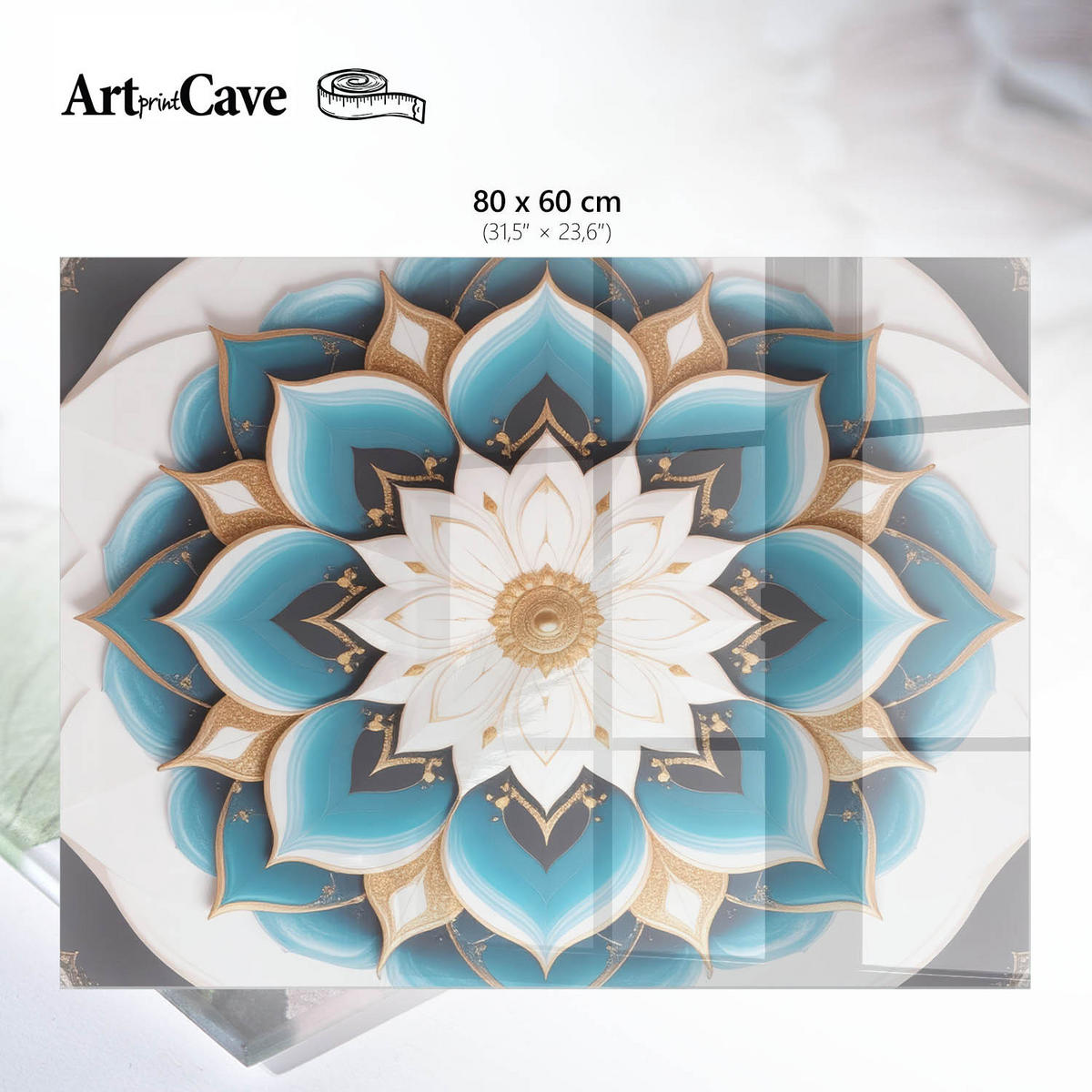 GLASPLATTE 80x60 cm – Blumenmandala - Türkis, Glas (0.4/80/60cm) - ArtPrintCave