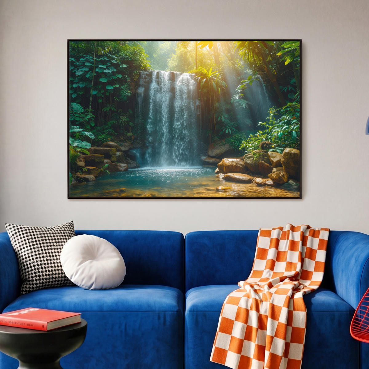 LEINWAND Bilder mit Rahmen - Wasserfall - Dschungel - Sonne - Grün - Natur - 90x60 - Grün, Textil (90/60cm) - MuchoWow