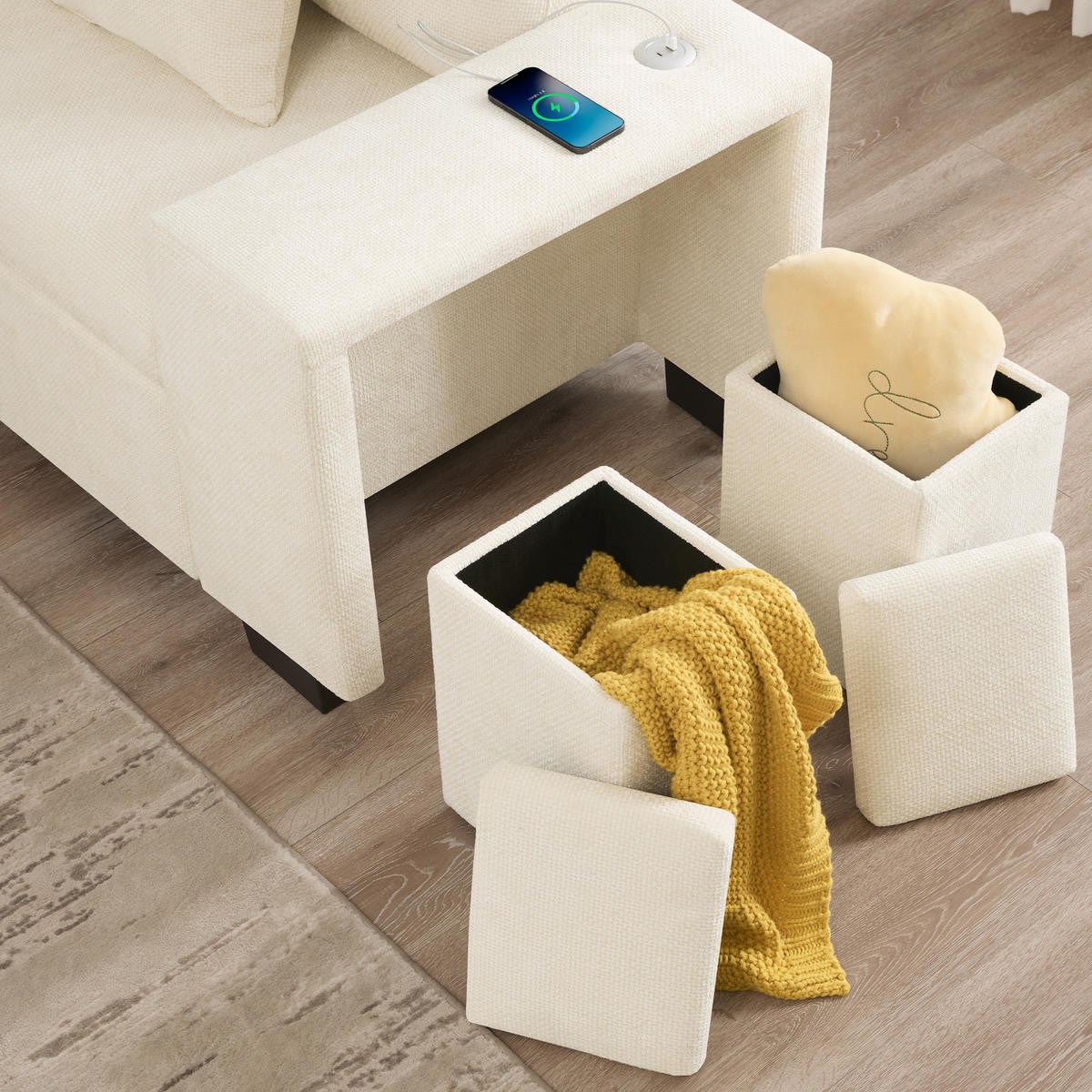 SCHLAFSOFA Beige L-Form USB Stauraum Getränkehalter Kissen - Beige, Textil (205/220cm) - FLIEKS