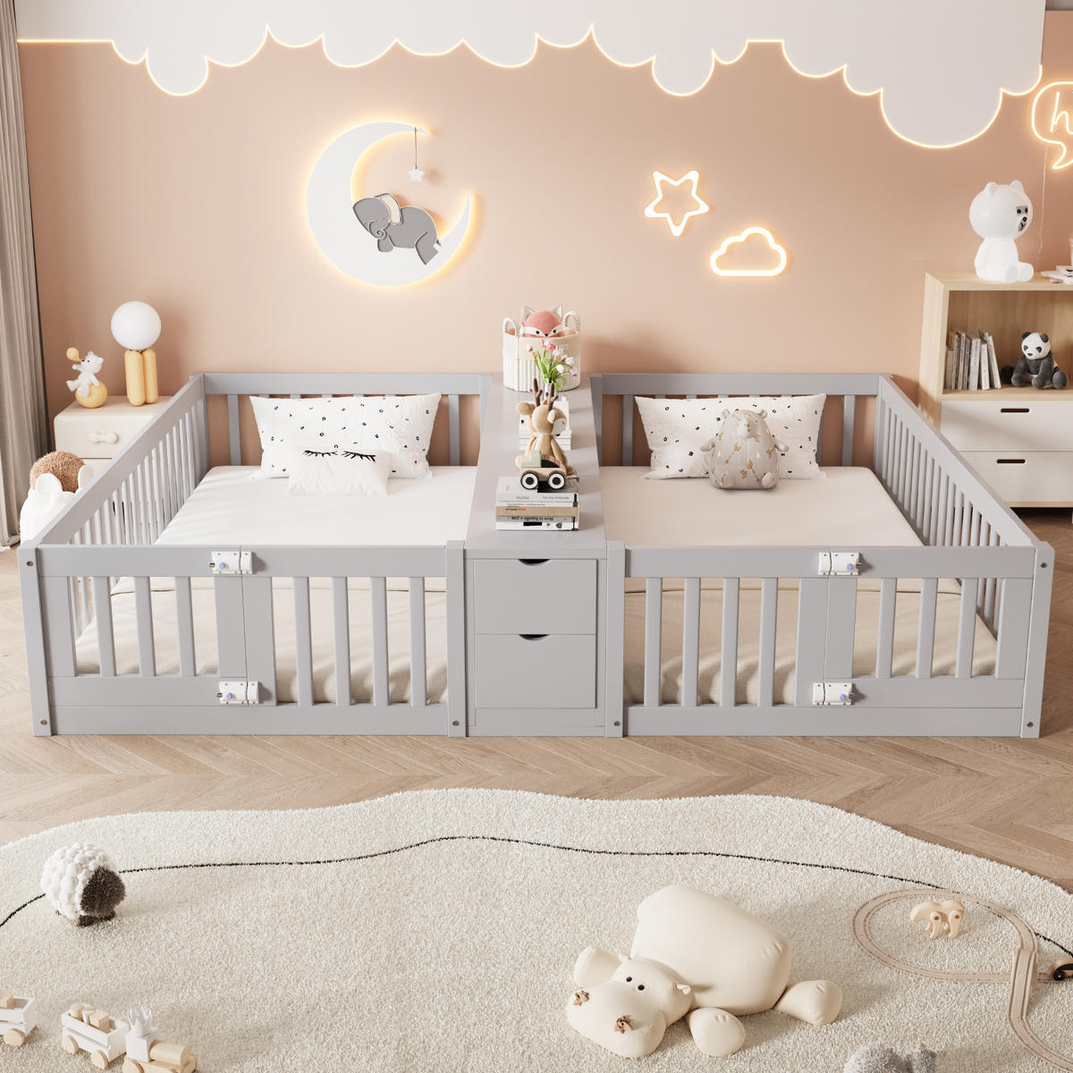 KINDERBETT 90/200 cm & 90/200 cm in Grau mit 2 Schubladen und Regal - Grau, Holz/Holzwerkstoff (90/200cm) - CHICFURN