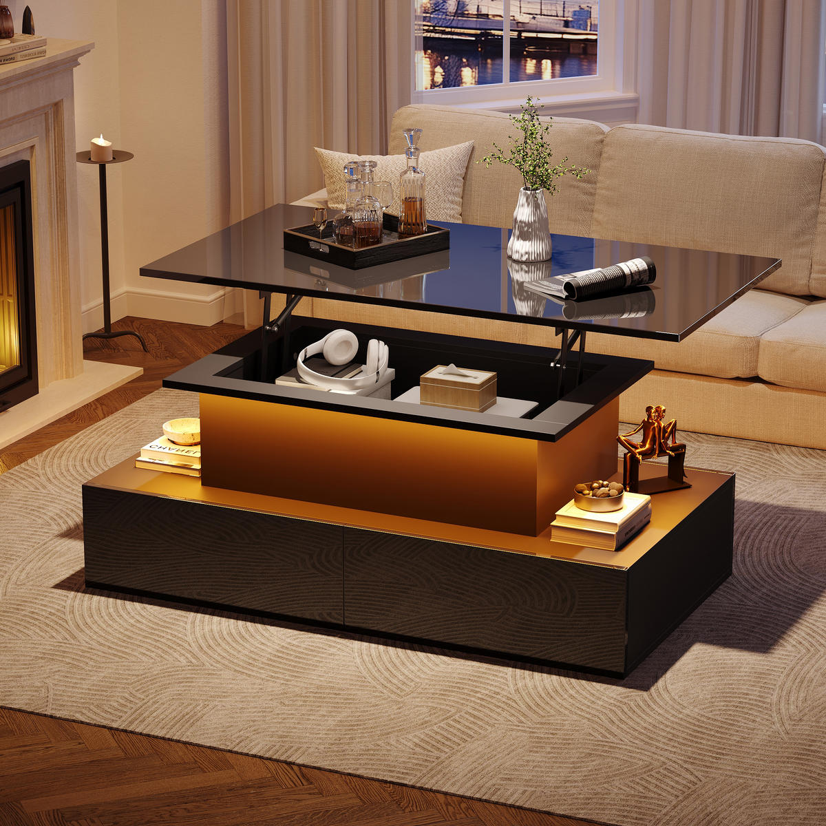 COUCHTISCH in Schwarz mit LED-Beleuchtung und Schubladen für Wohnzimmer, B90/T55/H41 cm - Schwarz, Holzwerkstoff (55/90/41cm) - STILVORA