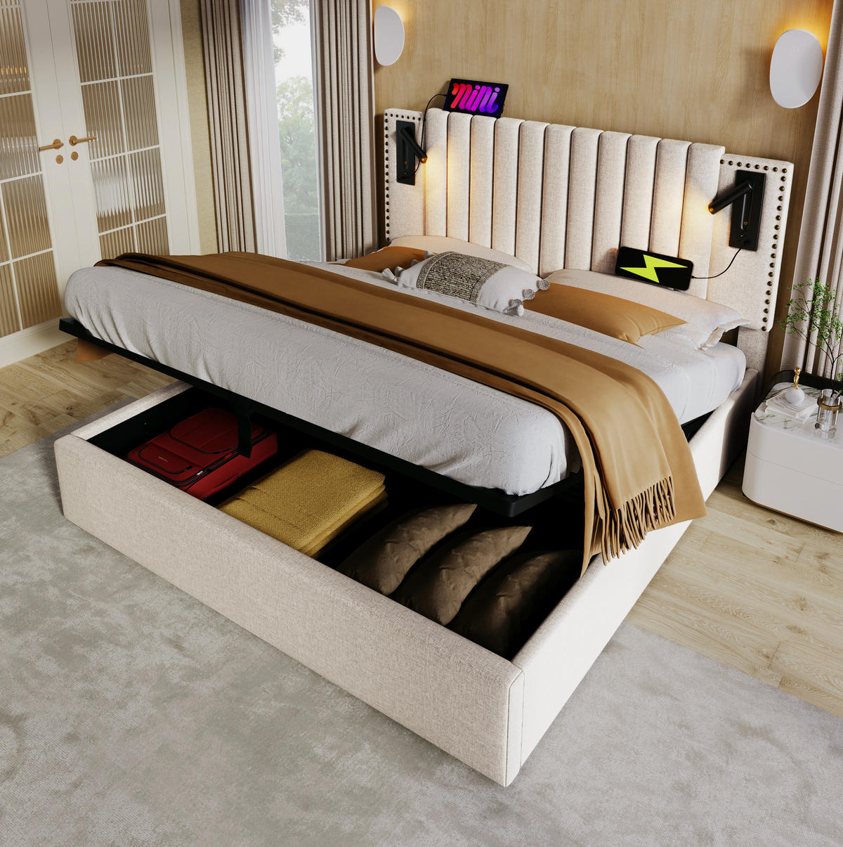 POLSTERBETT 160/200 cm mit Bettkasten, USB-C und verstellbarem Kopfteil - Beige, Textil (160/200cm) - BEAOK