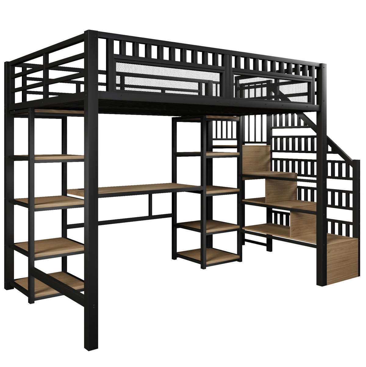 HOCHBETT 140/200 cm, Schwarz mit Schreibtisch, LED-Lichtleiste, ohne Matratze - Schwarz, Metall (140/200cm) - MIVRAY