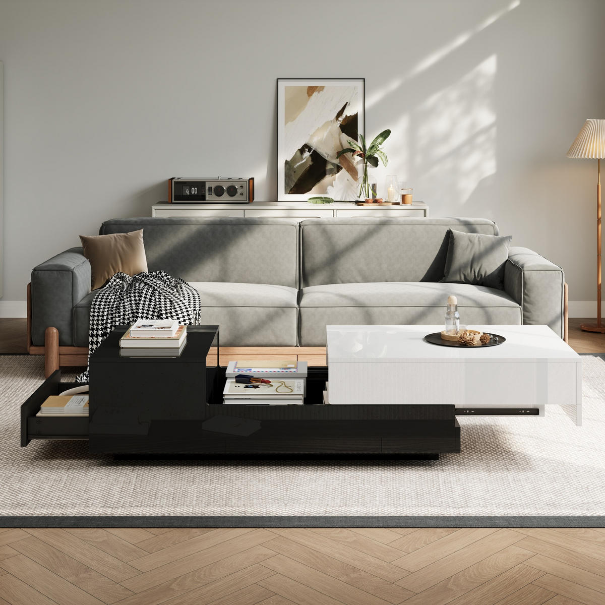 COUCHTISCH Hochglanz 100cm Schublade Schiebeplatte Stauraum modern - Weiß, Holzwerkstoff (100/50/38cm) - FLIEKS