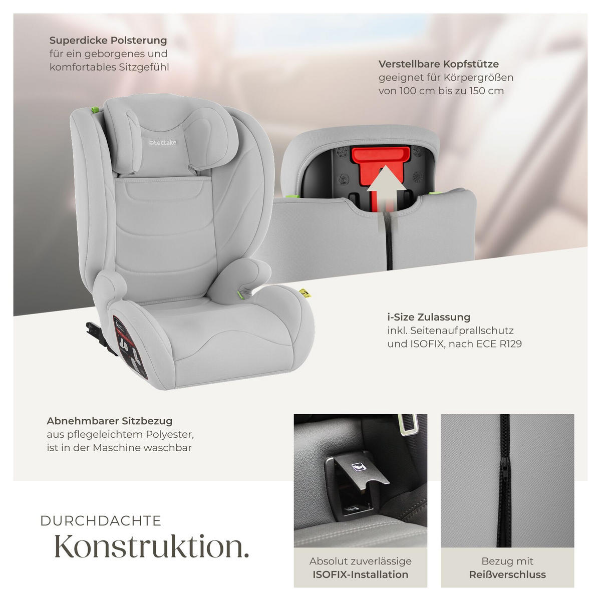 AUTOSITZ Levi, von 100 bis 150 cm, Belastbarkeit 36 kg, hellgrau - Hellgrau, Kunststoff (48/81/45cm) - tectake