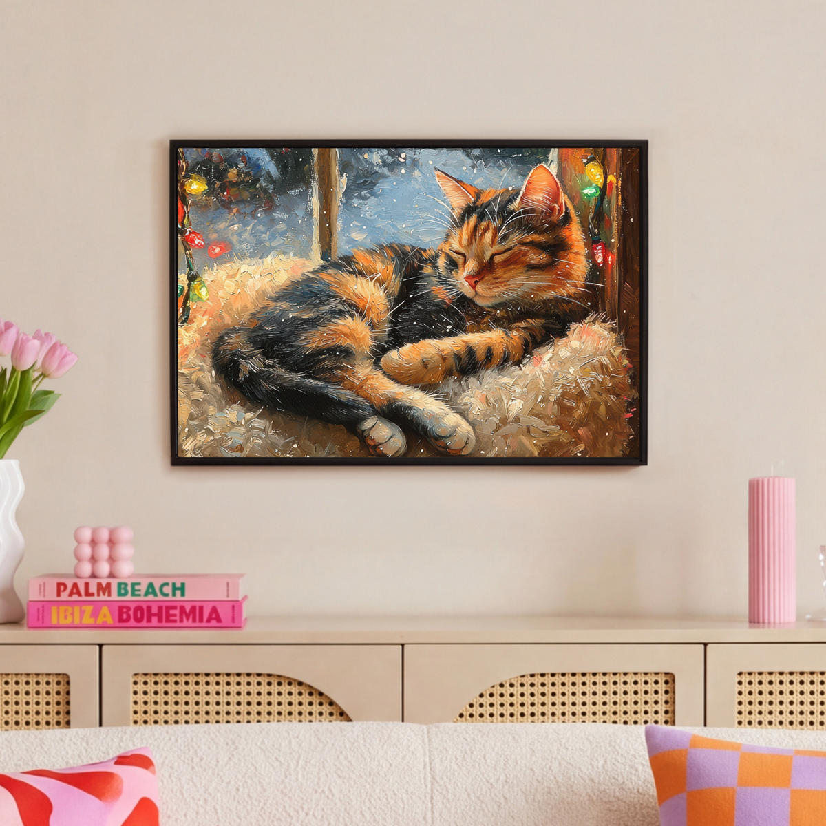 LEINWAND Bilder mit Rahmen - Katze - Weihnachten - Winter - Tier - 60x40 - Bernsteinfarben, Textil (60/40cm) - MuchoWow