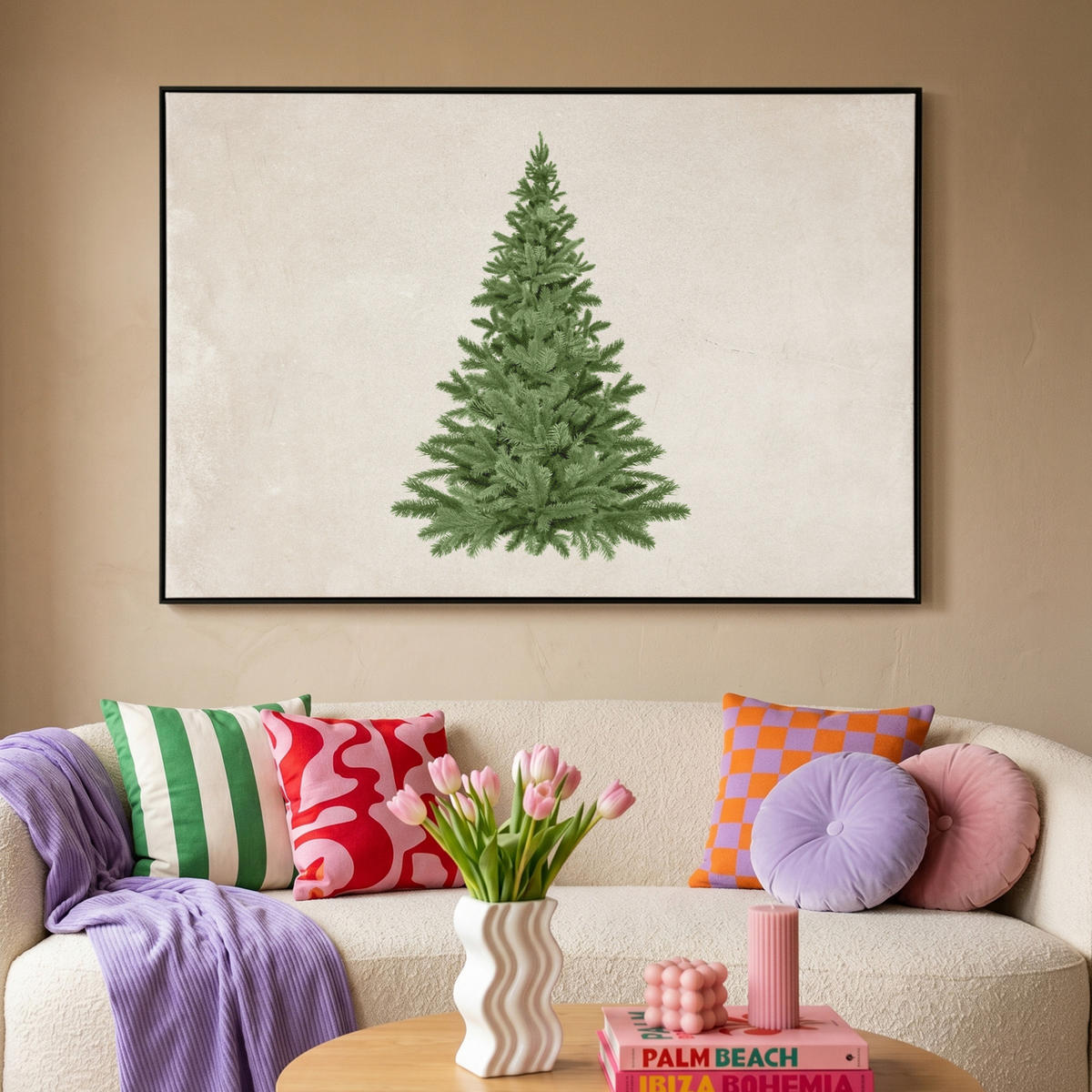 LEINWAND Bilder mit Rahmen - Weihnachtsbaum - Grün - Weihnachten - Feiertage - 140x90 - Olivgrün, Textil (140/90cm) - MuchoWow