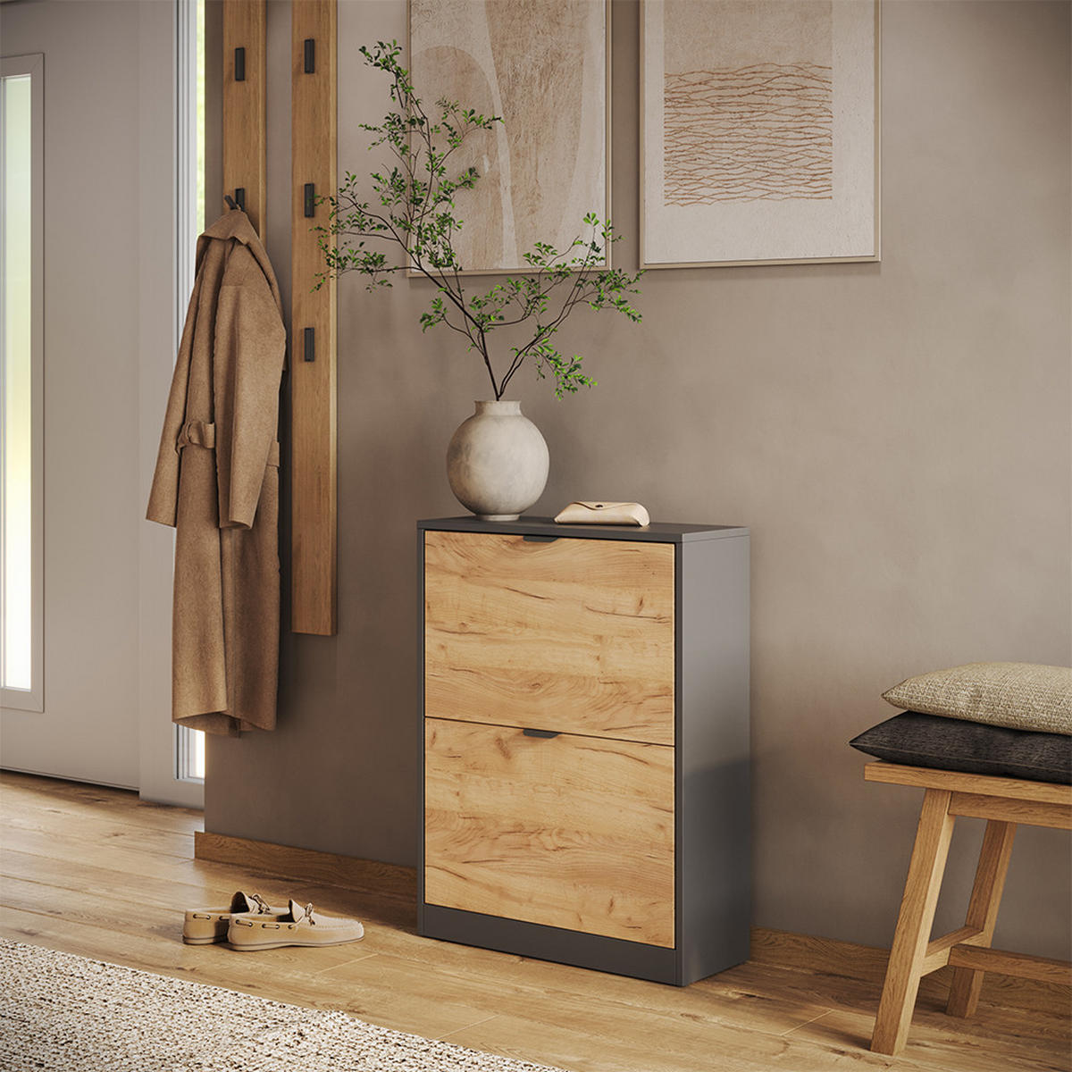 SCHUHKIPPER Gizmo, Goldkraft Eiche/Anthrazit, 59 x 77.6 cm mit 2 Fächern - Honigeiche/Anthrazit, Holzwerkstoff (59/77.6/22cm) - Vicco