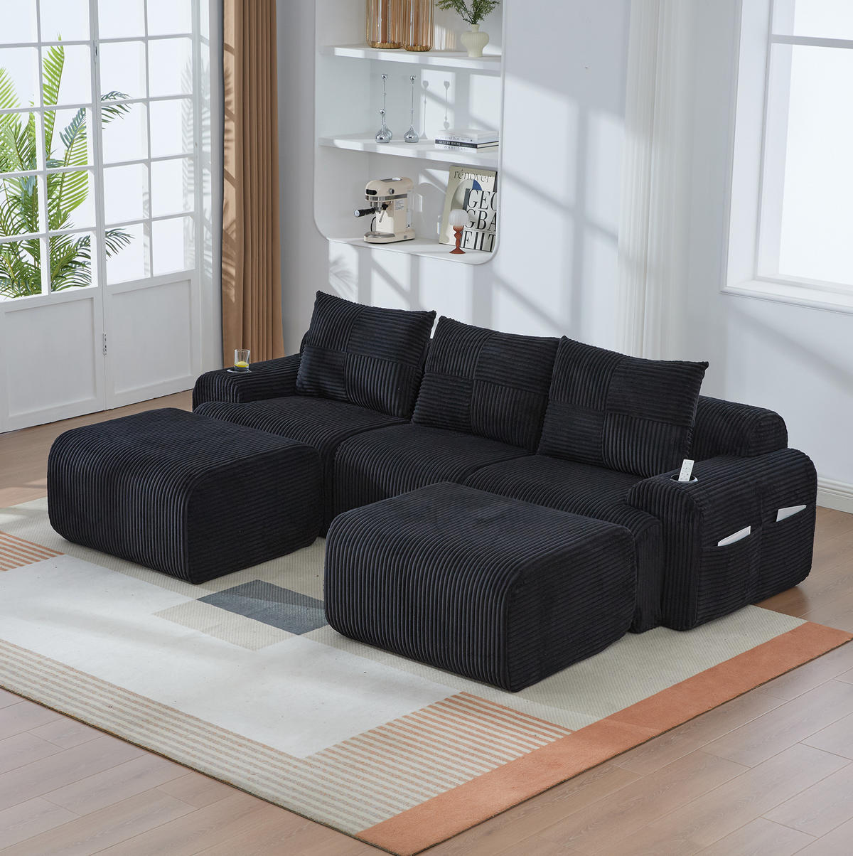 WOHNLANDSCHAFT 268/174/66 cm in Schwarz, modular mit 2 Hockern und Cupholder - Schwarz, Textil (174/80/268cm) - Flora Grace