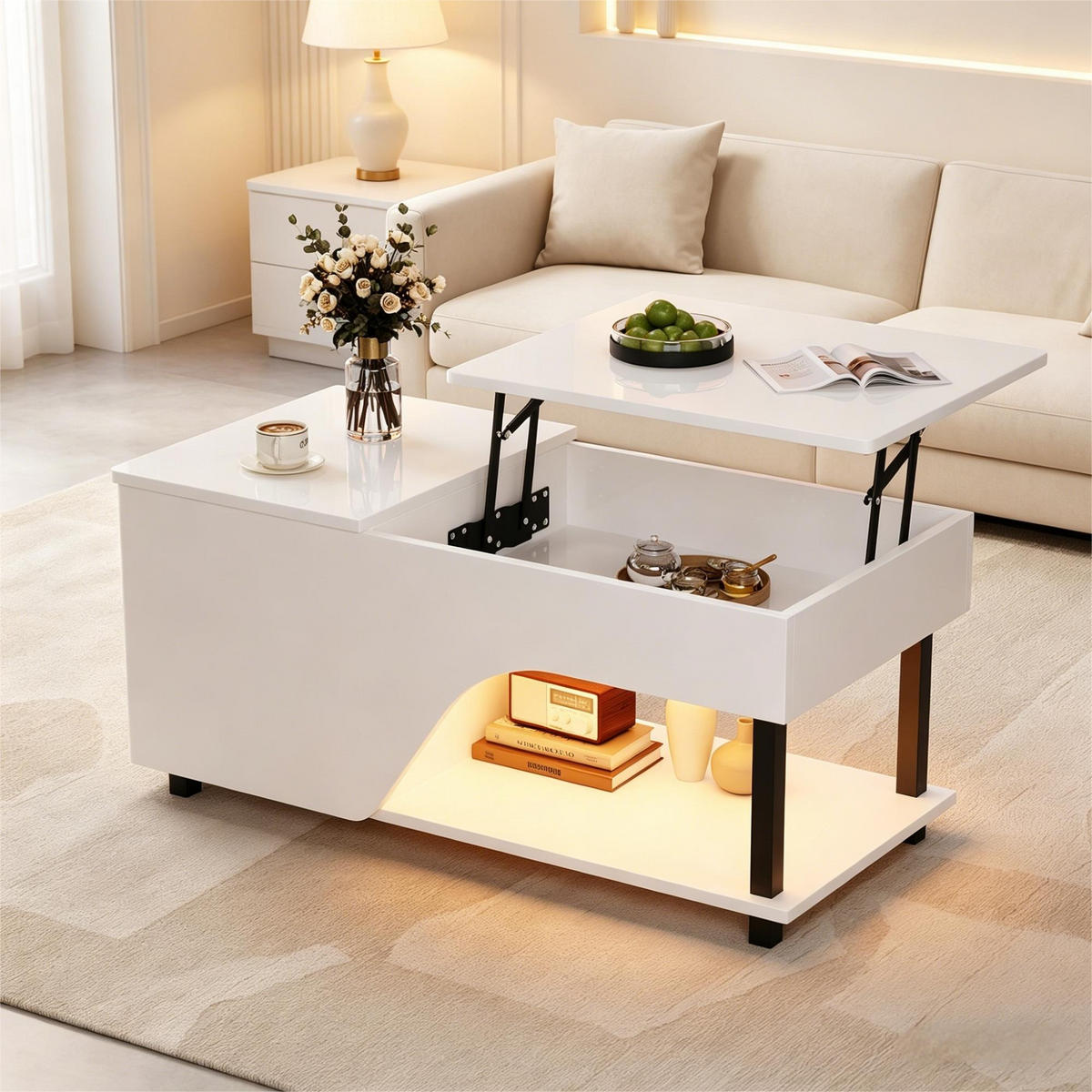 COUCHTISCH höhenverstellbar, Stauraum & Metallgestell, 50/100/46 cm, Spanplatte - Weiß, Holzwerkstoff/Metall (100/50/46cm) - EVRYAE
