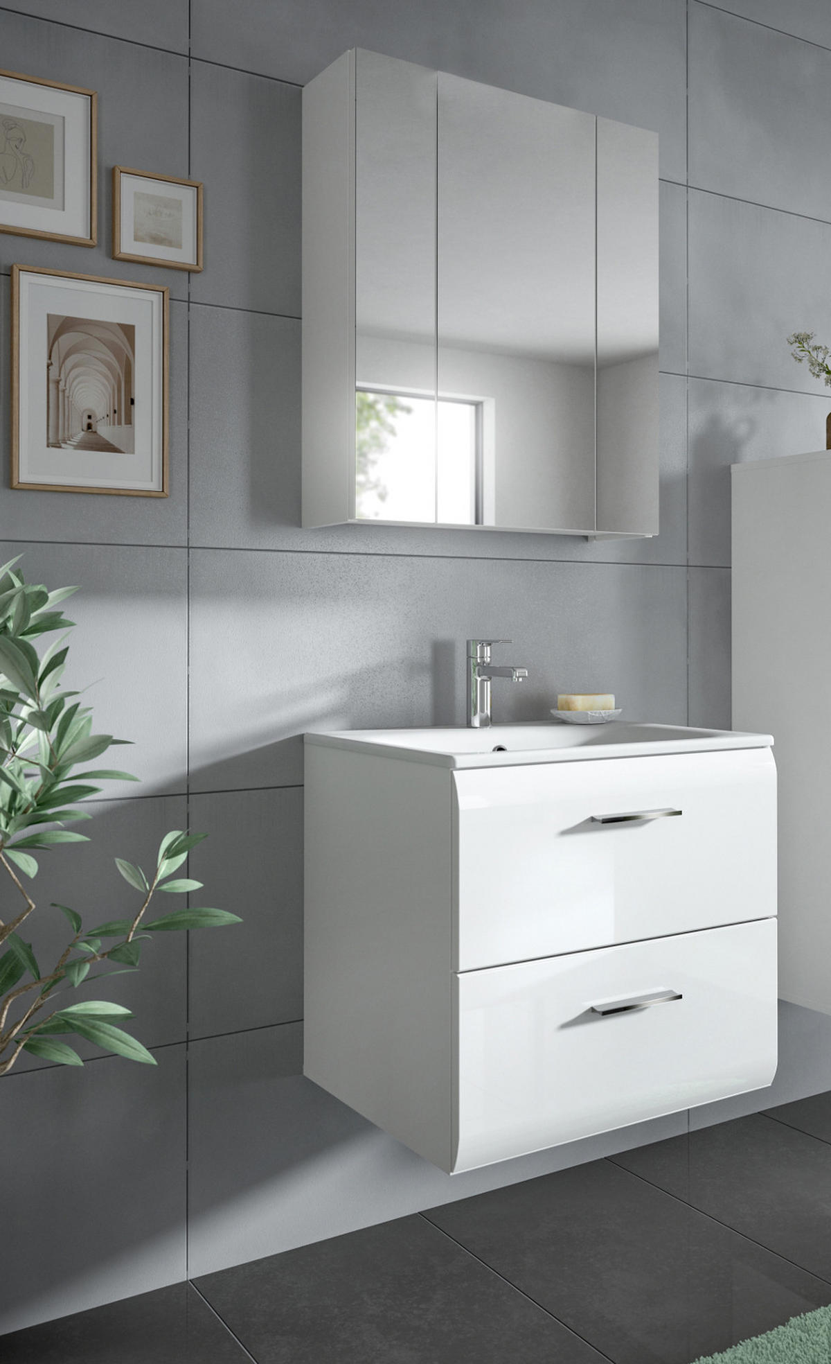 BADMÖBEL SET 2-teilig in weiß Hochglanz inkl. Waschbecken 60 x 185 cm Cover - Weiß Hochglanz/Silberfarben, Holzwerkstoff/Kunststoff (60/185/46cm) - Inn.Furn