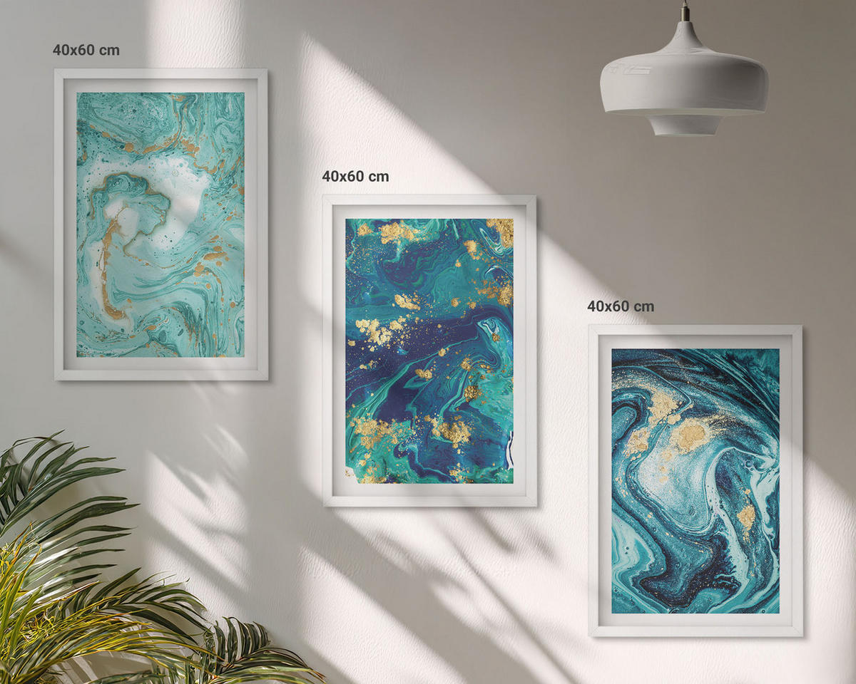 WANDBILDER 3er-Set - 40x60 cm Weißer Rahmen - Abstraktion von Türkisfarbe - Weiß, Kunststoff (40/60cm) - ArtPrintCave