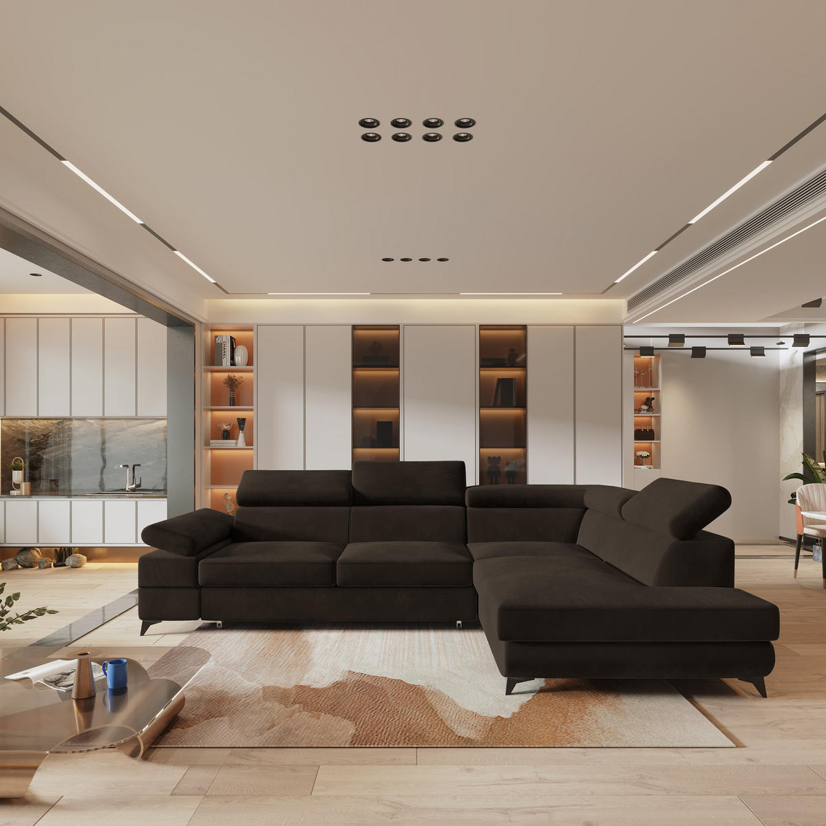 ECKSOFA FAVIEN R-S Braun Velours-Stoff mit Schlaffunktion - Braun, Holz (257/190cm) - MASSENO