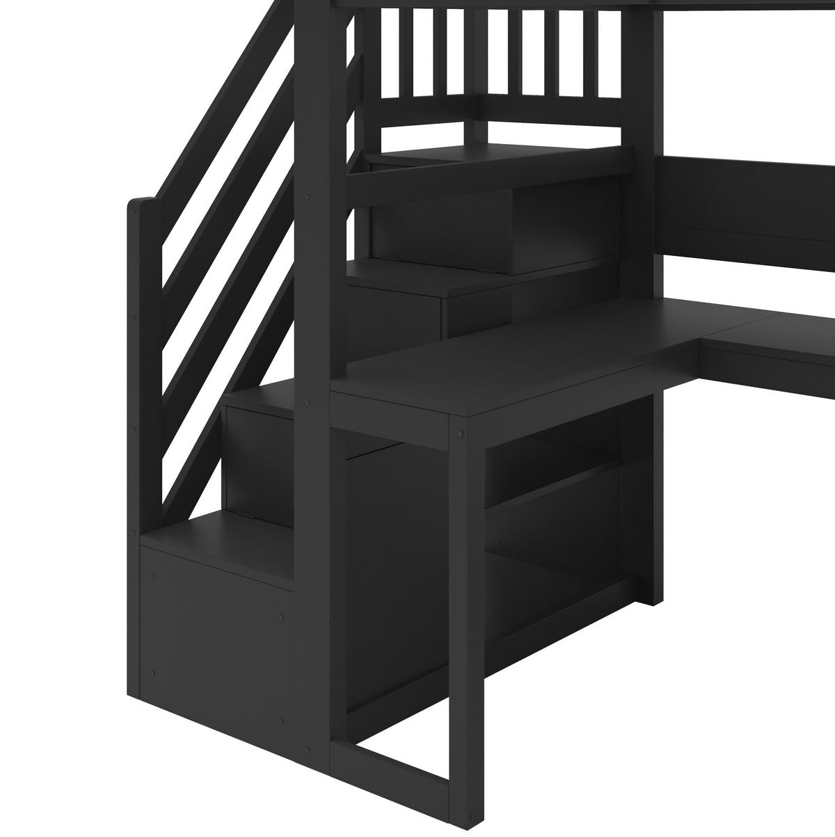 HOCHBETT aus MDF und Sperrholz 90x200 cm Schwarz mit Gaming-Schreibtisch, Stauraumtreppe, LED und USB-Anschluss - Schwarz, Holzwerkstoff (90/200cm) - Modfu