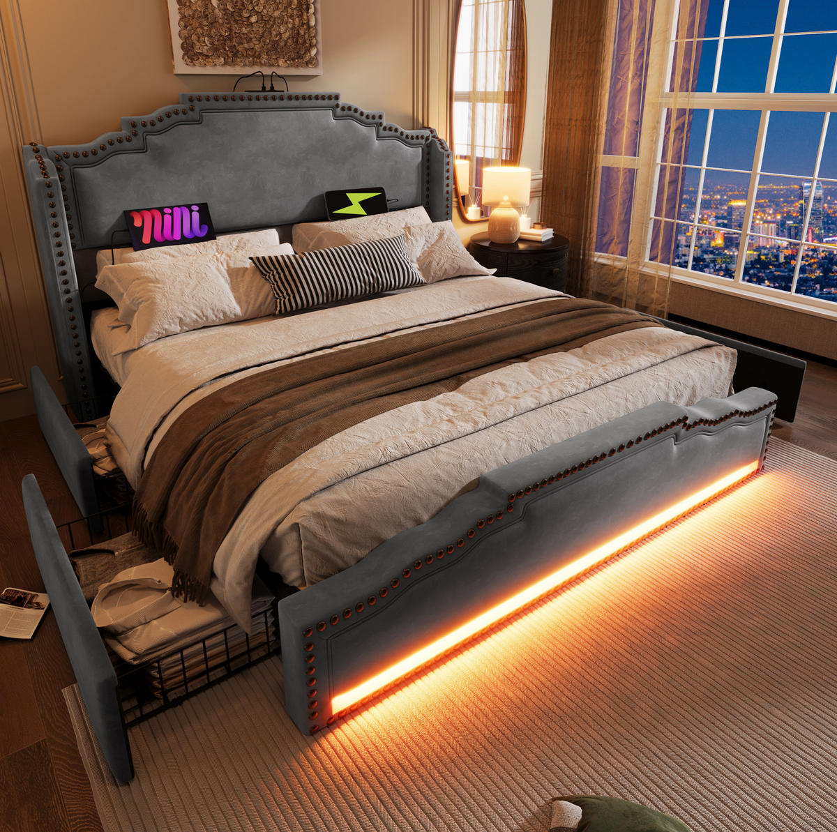 POLSTERBETT 140/200 cm Grau aus Samt mit LED, USB-C, 4 Schubladen und Matratze - Grau, Textil (140/200cm) - OKMYHOME