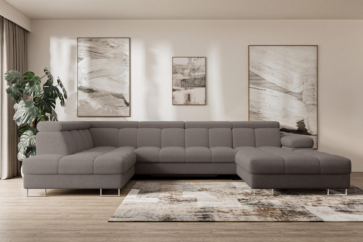 WOHNLANDSCHAFT mit Schlaffunktion und Bettkasten Ottomane Links COMA U 345x203x79 Braun Bouclé - Dunkelbraun, Holzwerkstoff/Textil (345/79/203cm) - ALTDECOR