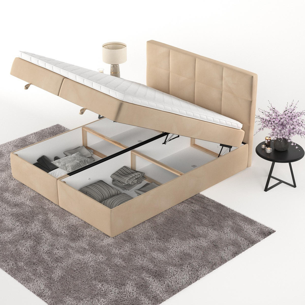 BOXBETT Velto 200/200 cm Beige im Kronos Stoff - Beige/Schwarz, Holz/Holzwerkstoff (200/200cm) - AltaBeds