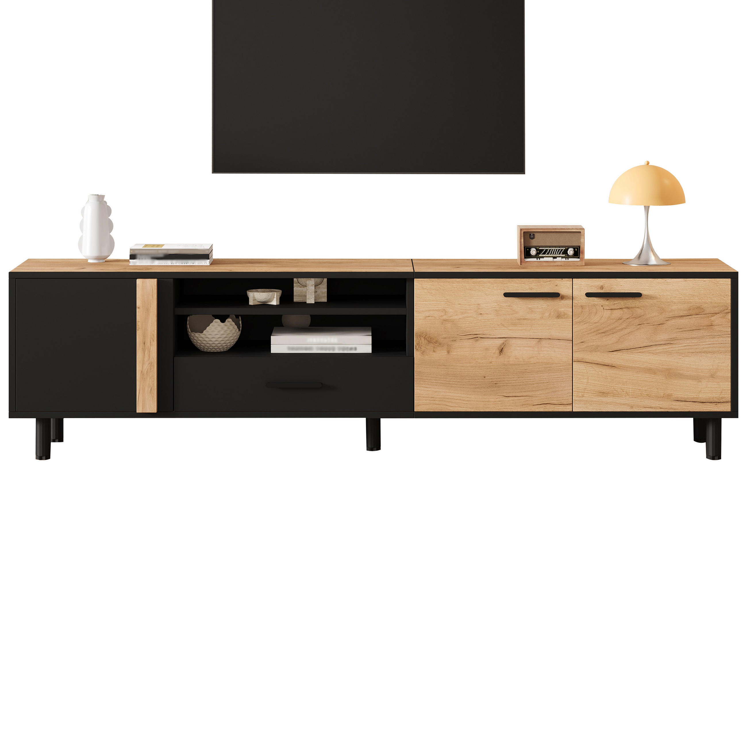 STILVORA TV STOLEK černý a přírodní, 1 zásuvka, 3 skříňky, do obývacího pokoje, 180×32,5×50 cm