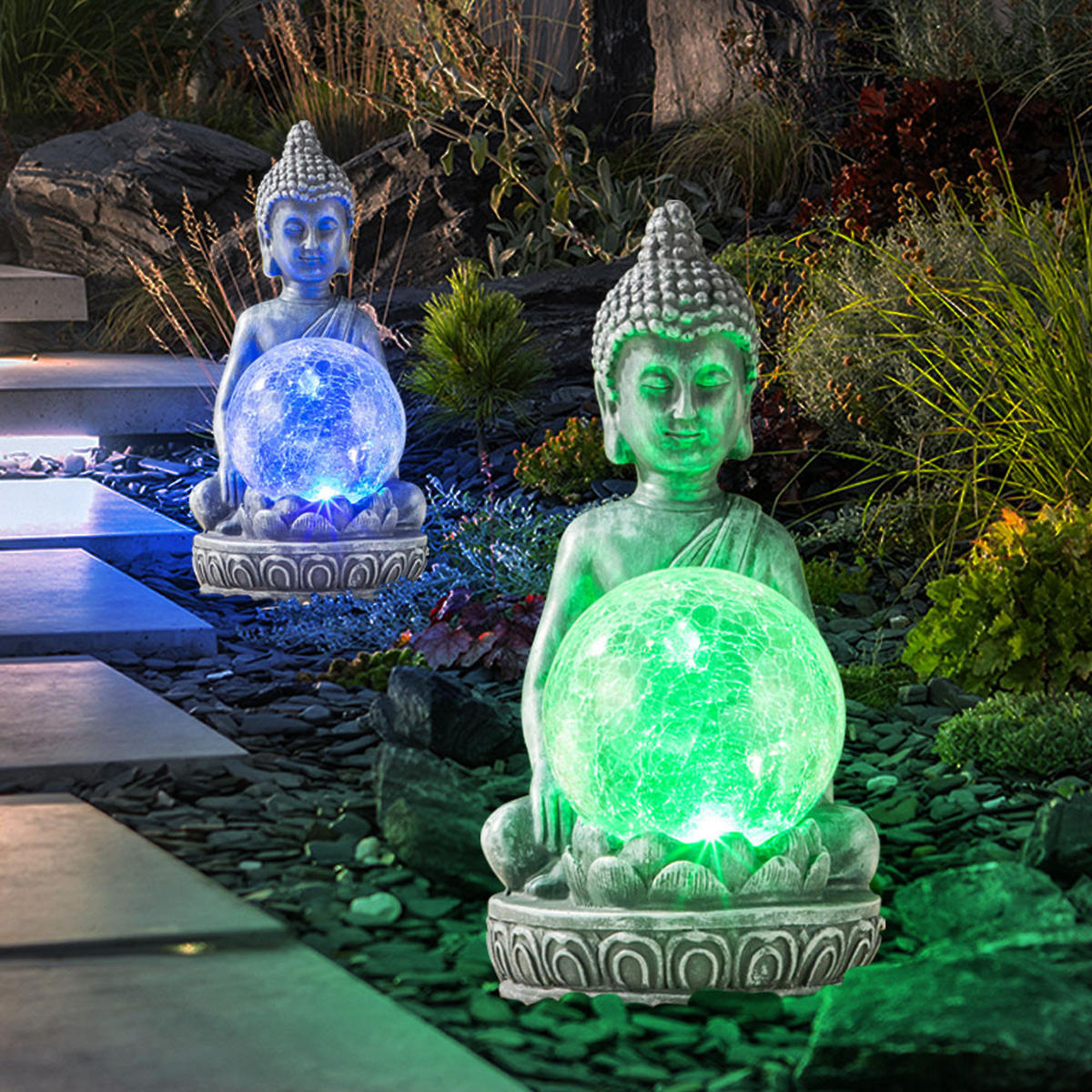 LED AUSSENLEUCHTE Buddha Grau Farbwechsler 2er Set - Grau, Glas (11.5/9.5/19.5cm)